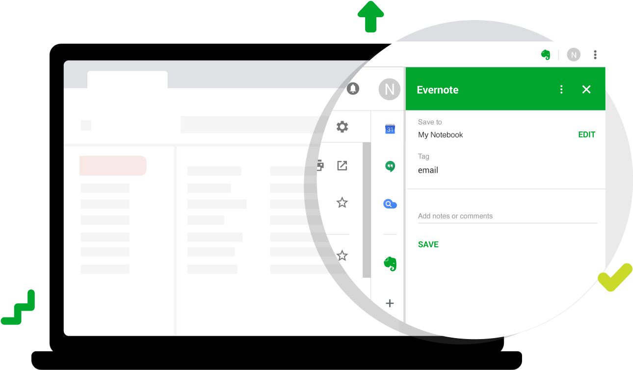 Gmail 動圖 桌布 壁紙 — Evernote 應用程式介面的清晰數位插圖，帶有綠色側邊欄和白色工作區。