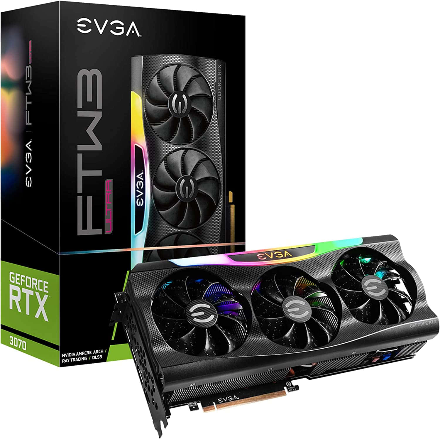 nvidia 桌布 壁紙 — EVGA GeForce RTX 3070 FTW3 Ultra 顯示卡配備 RGB 燈光，連同零售盒展示在潔白背景上。