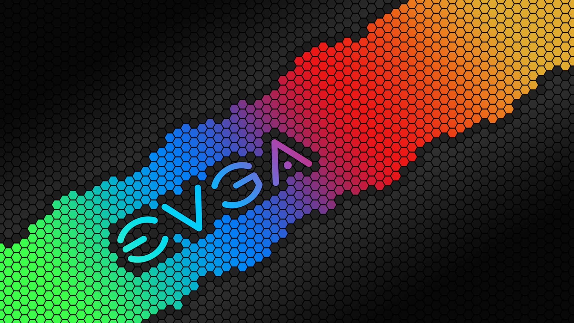 RGB 桌布 壁紙 — EVGA 標誌由鮮豔的彩虹漸層在黑色六邊形網格圖案上形成。