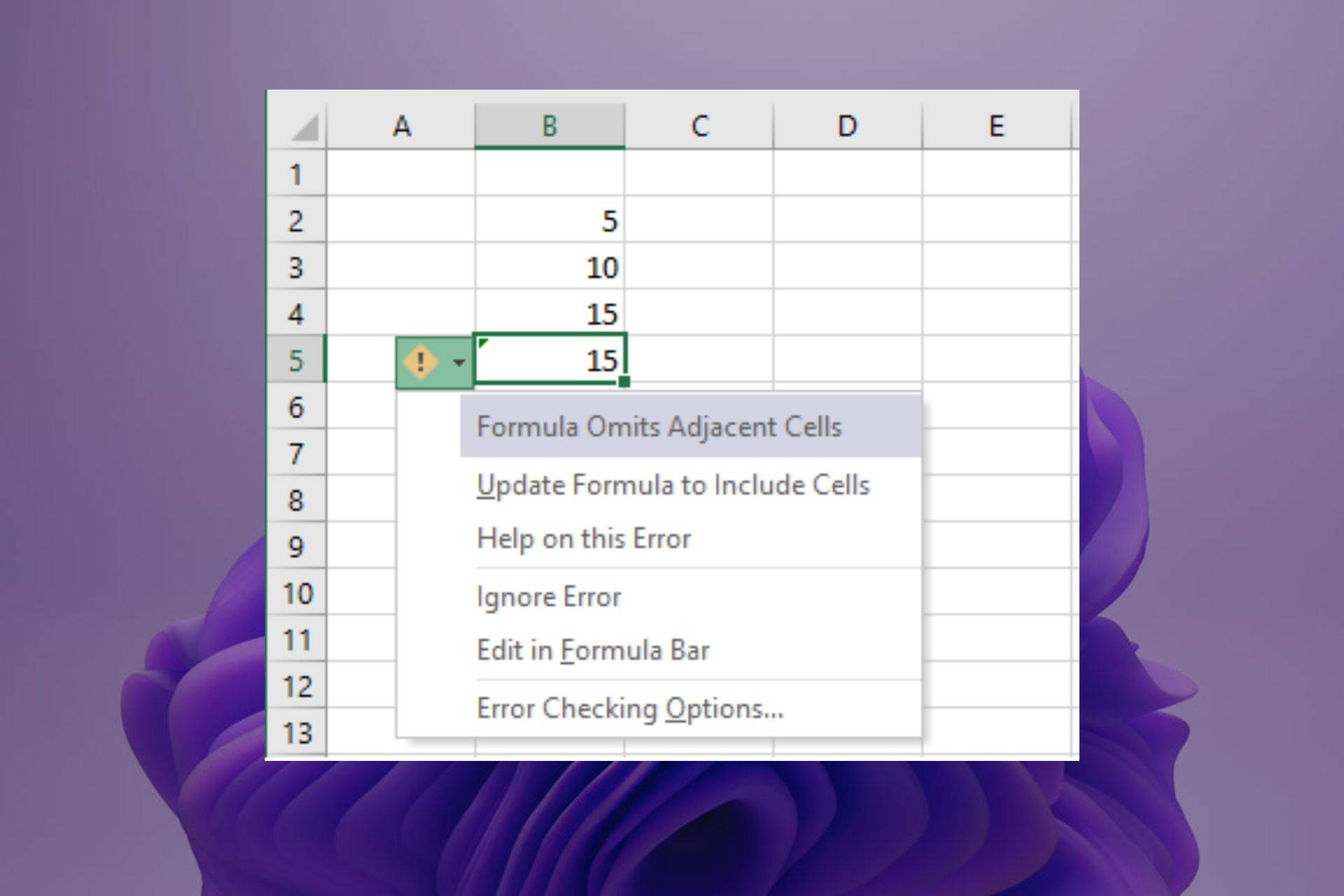 數學 桌布 壁紙 — Excel 試算表帶有公式錯誤彈出視窗，背景為紫色花卉圖案。
