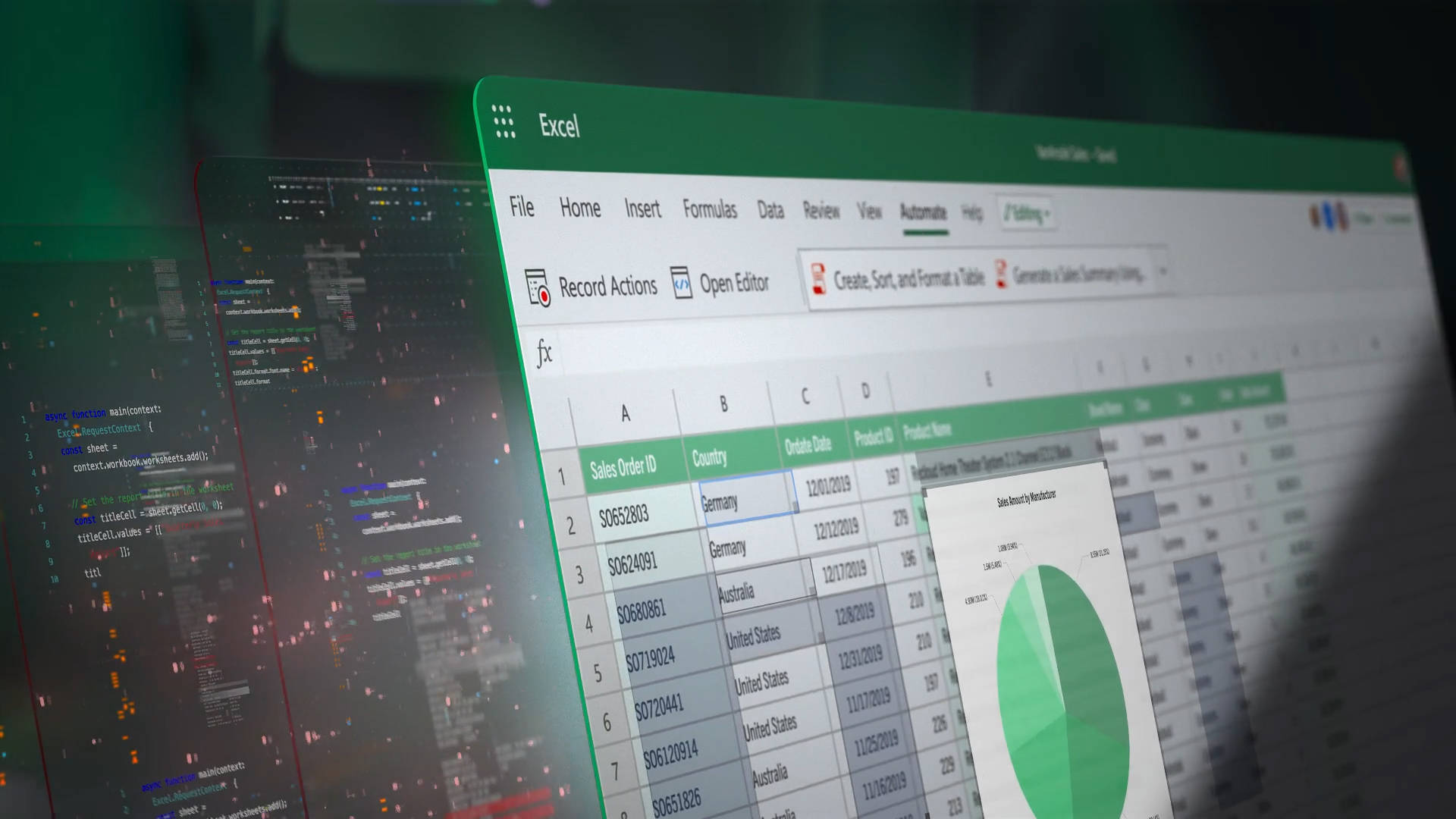 Excel 試算表，帶有銷售數據和圓形圖，置於發光代碼背景上 — Microsoft 壁紙