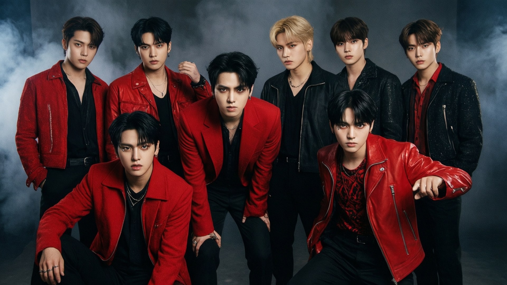 EXO Love Shot 強烈魅力 壁紙 — 七位時尚年輕男士身穿紅色和黑色皮夾克，在煙霧瀰漫的黑暗背景下自信地擺姿勢。