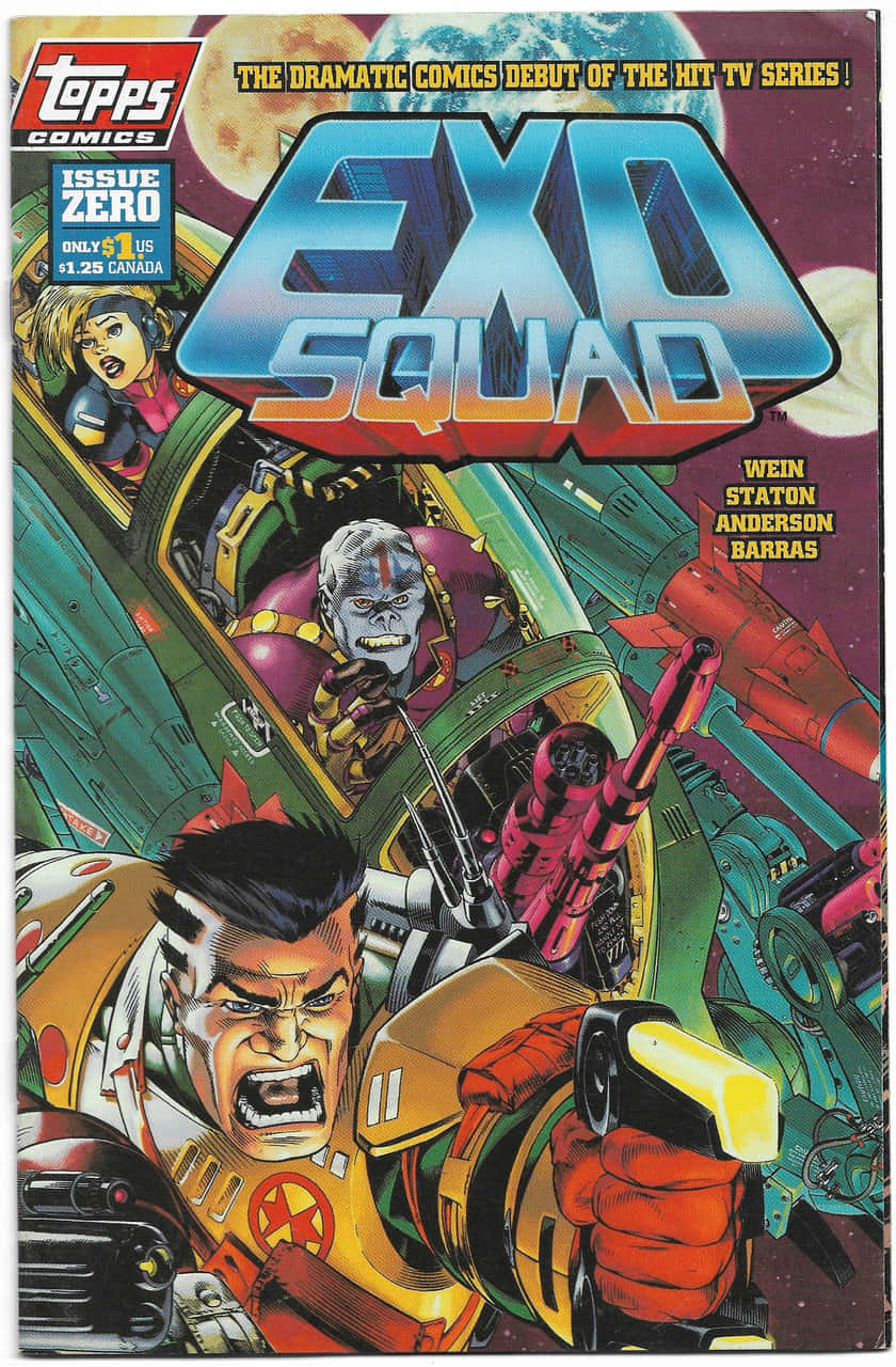 Comics 桌布 壁紙 — Exo Squad 的動態漫畫書封面，特色是駕駛艙中兇猛的飛行員，配有外星敵人和太空背景。