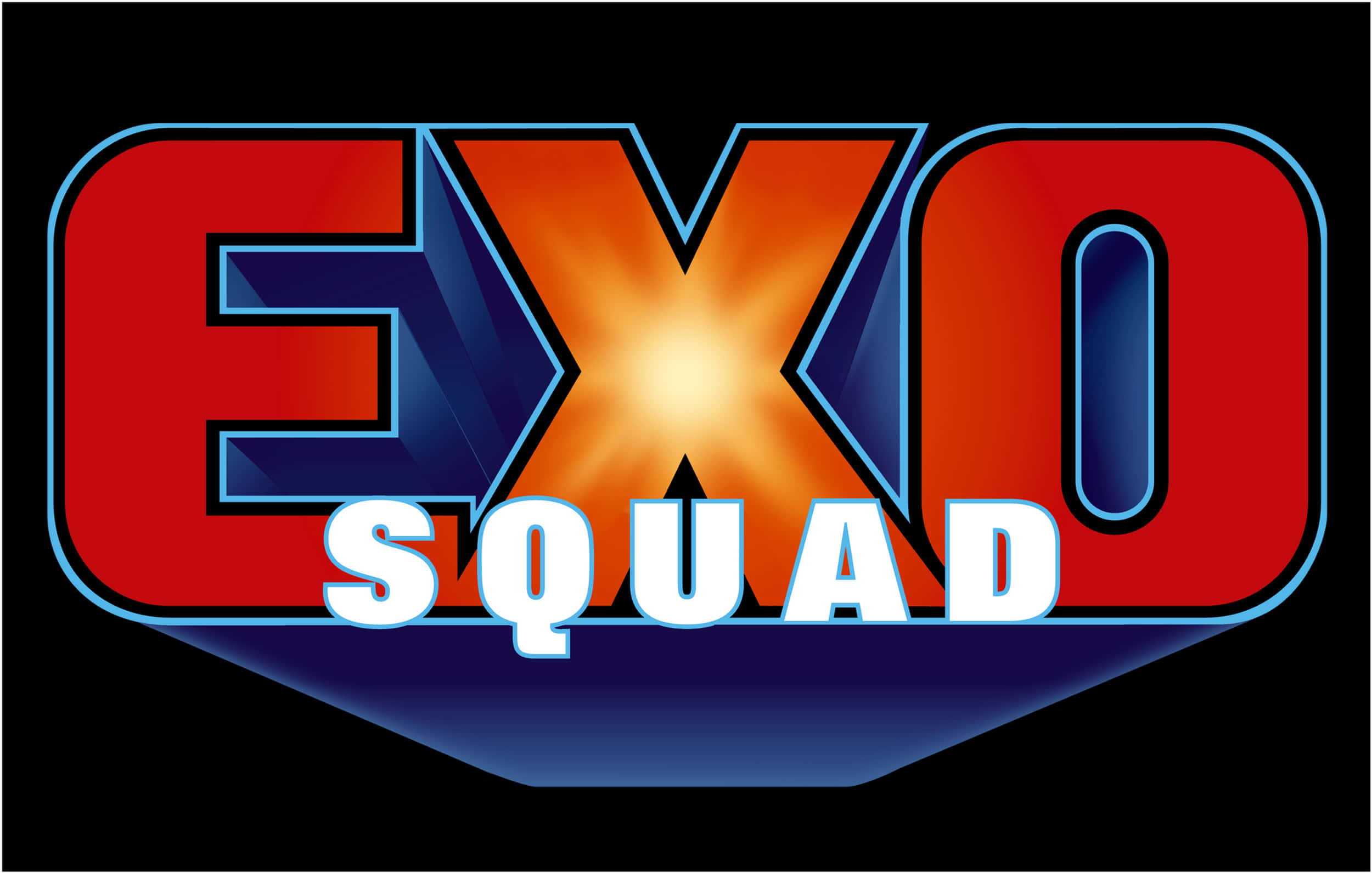 squad 桌布 壁紙 — EXO SQUAD 的大膽紅色和藍色 3D 標誌，黑色背景上有發光橙色中心。