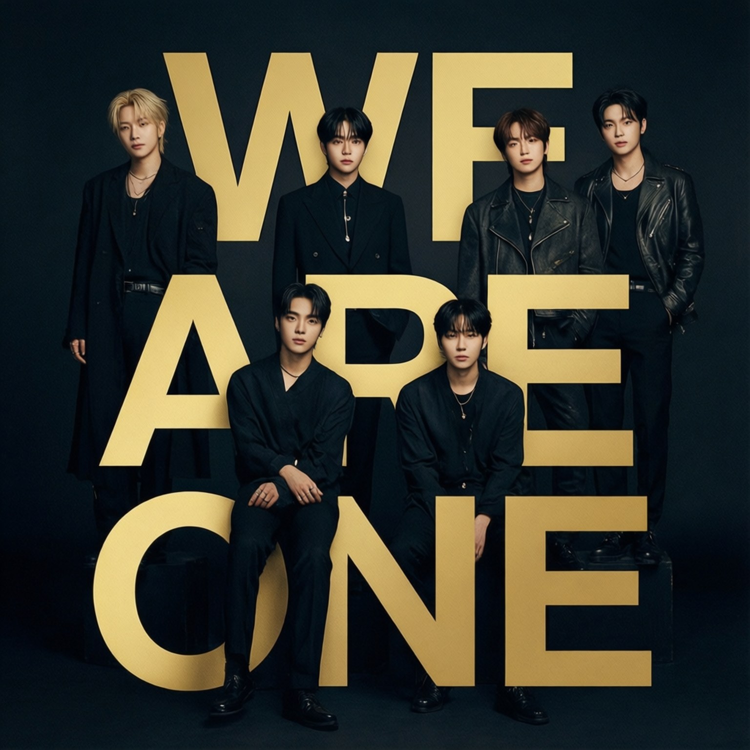 EXO We Are One 海報 壁紙 — 六位時尚男士身穿黑色服裝，自信地站在深色背景前，身後是拼出WE ARE ONE的巨大金色字母。