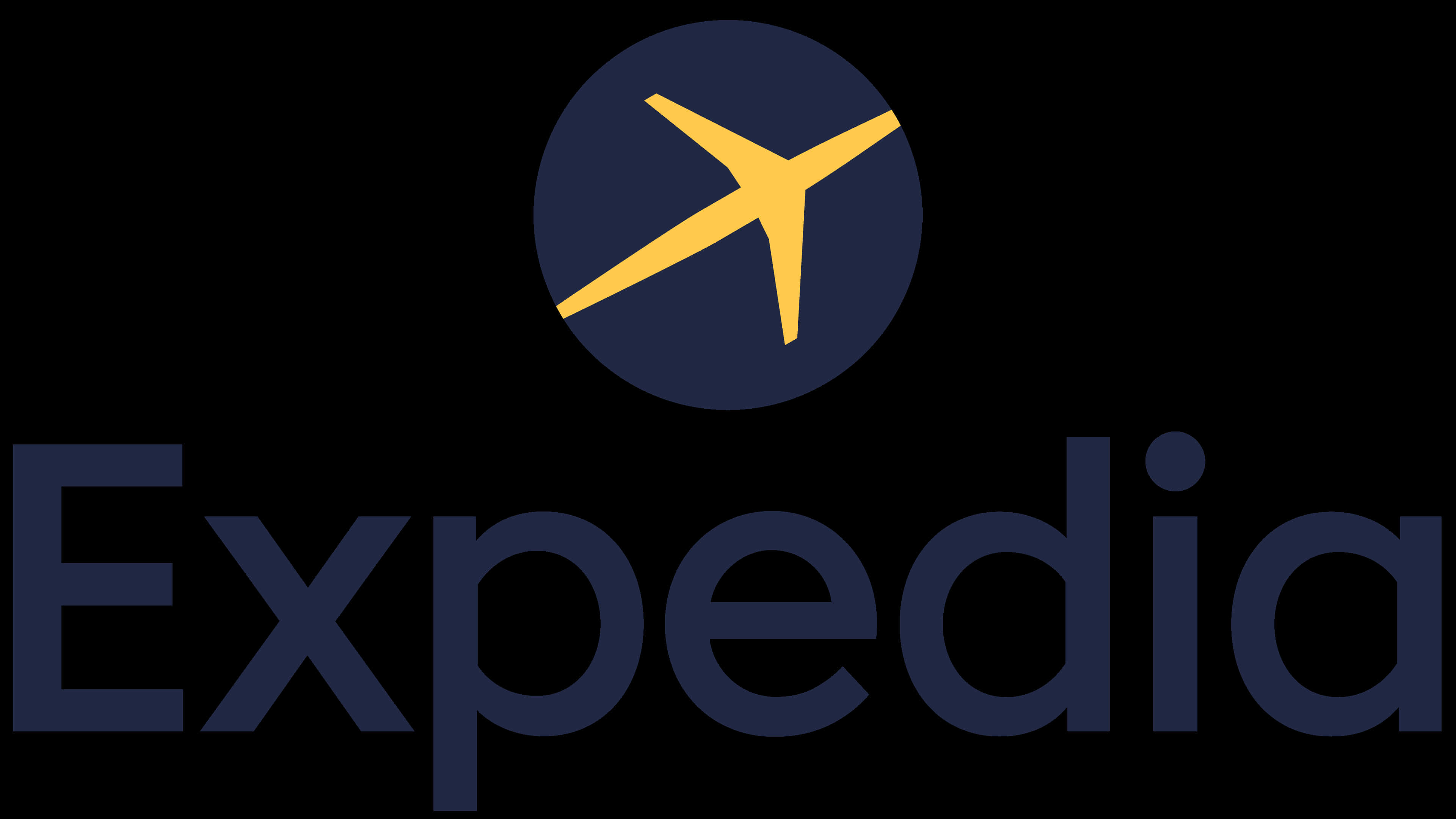 3840x2160 動態圖片 桌布 壁紙 — Expedia 標誌，黑色背景上深藍色圓圈內有黃色飛機圖標。