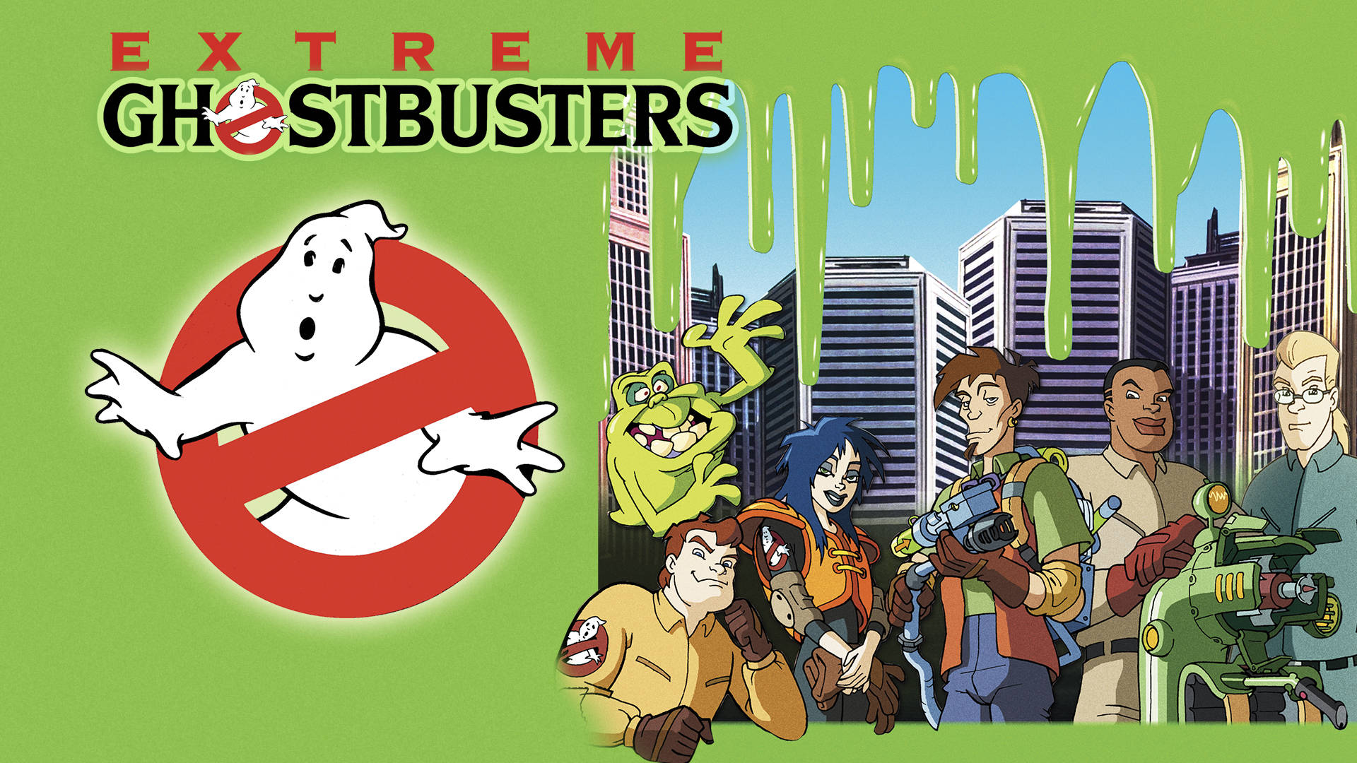 魔鬼剋星 桌布 壁紙 — Extreme Ghostbusters 團隊站在城市景觀前，摩天大樓上滴下綠色黏液，背景為亮綠色。