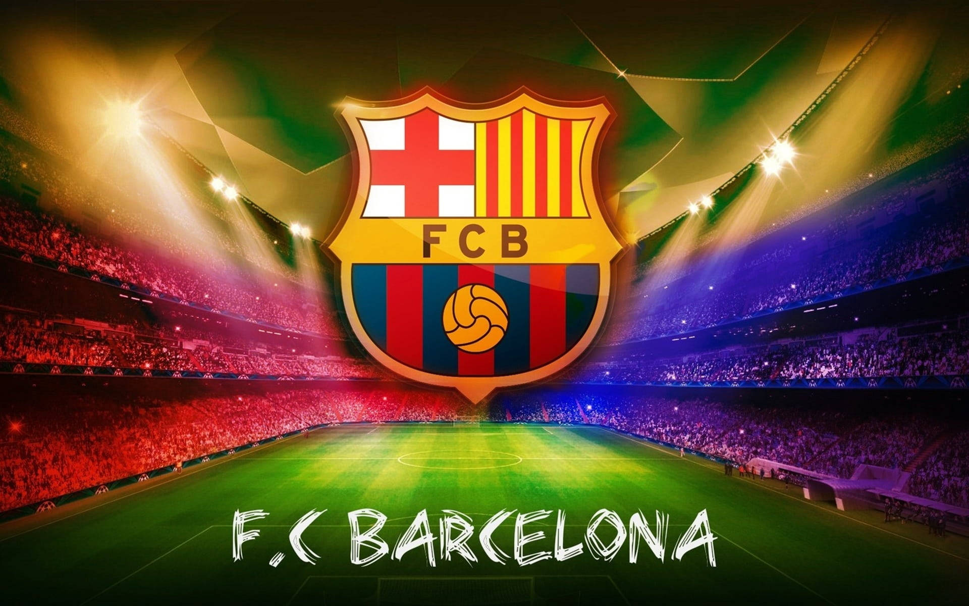 Barcelona 桌布 壁紙 — F.C.巴塞隆納會徽在充滿活力的球場中央發光，場內坐滿在戲劇性聚光燈下歡呼的球迷。