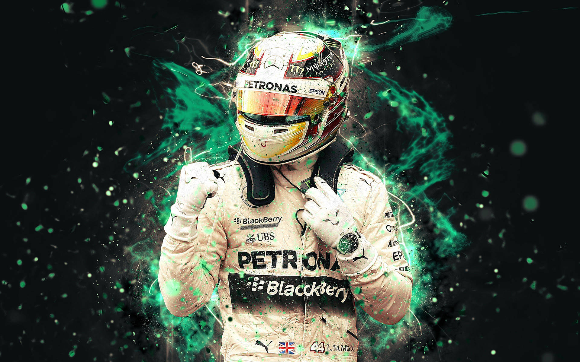 F1車手在綠色能量粒子環繞下慶祝。 — F1 壁紙
