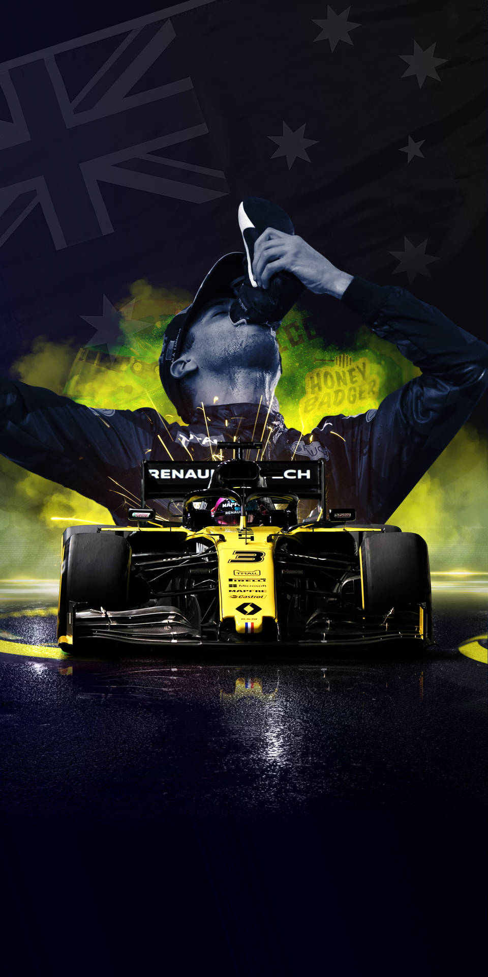 F1車手在黃色雷諾賽車上，在潮濕賽道上慶祝勝利，伴隨著發光的綠色薄霧。 — F1 壁紙