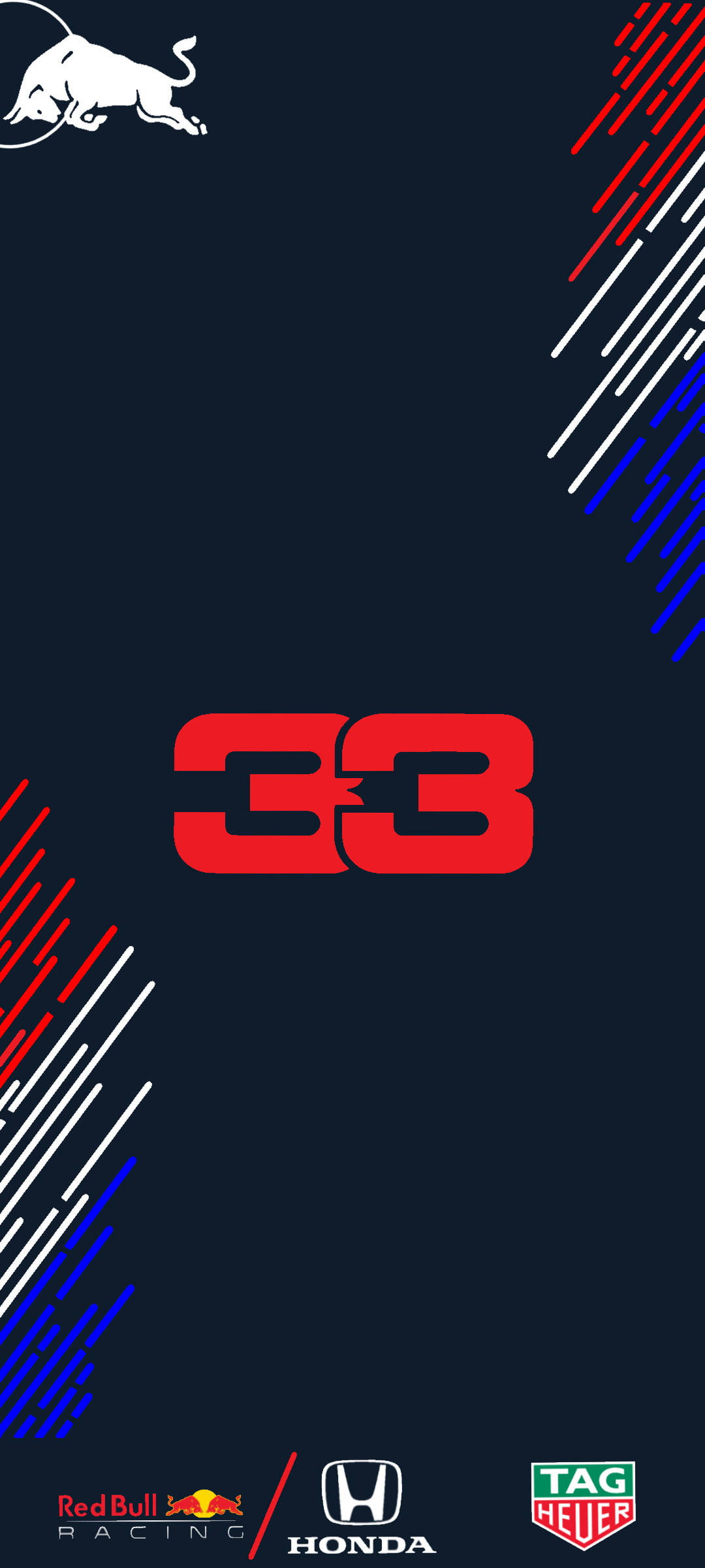 F1 Max Verstappen 33號碼iPhone 壁紙 — 大膽的紅色數字33居中在深色背景上，帶有動態對角線條紋和賽車隊標誌。