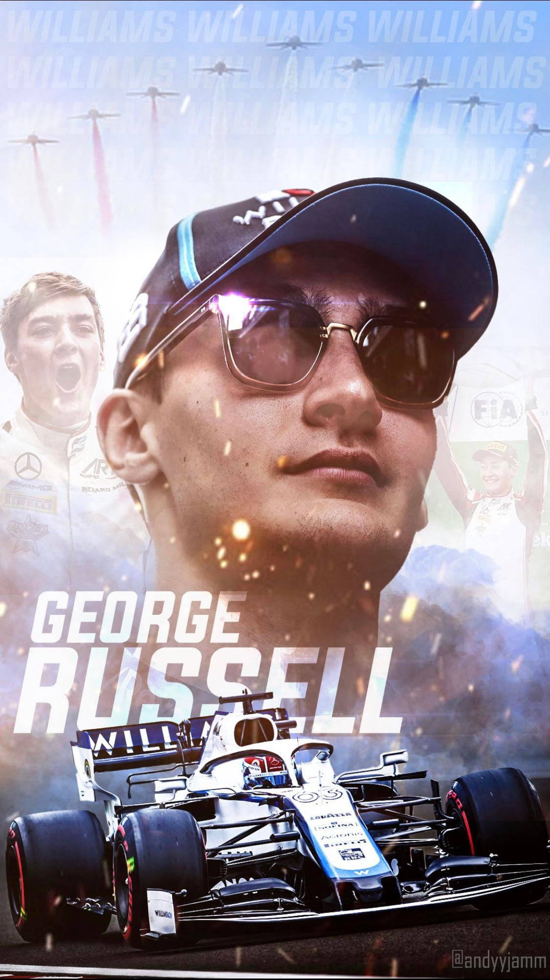 george russell 桌布 壁紙 — F1車手喬治·羅素戴著太陽眼鏡和帽子，與他的賽車和車隊標誌，背景是動態天空和無人機。