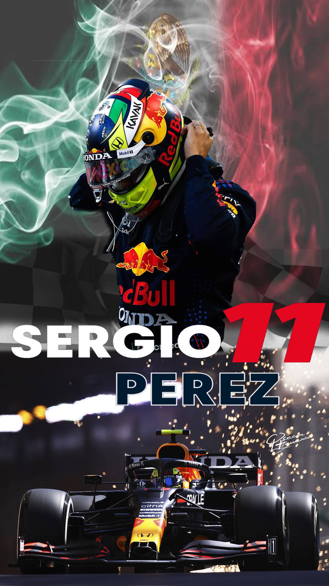 F1車手塞吉歐·培瑞茲在紅牛賽車中慶祝勝利，周圍煙霧和火花四濺。