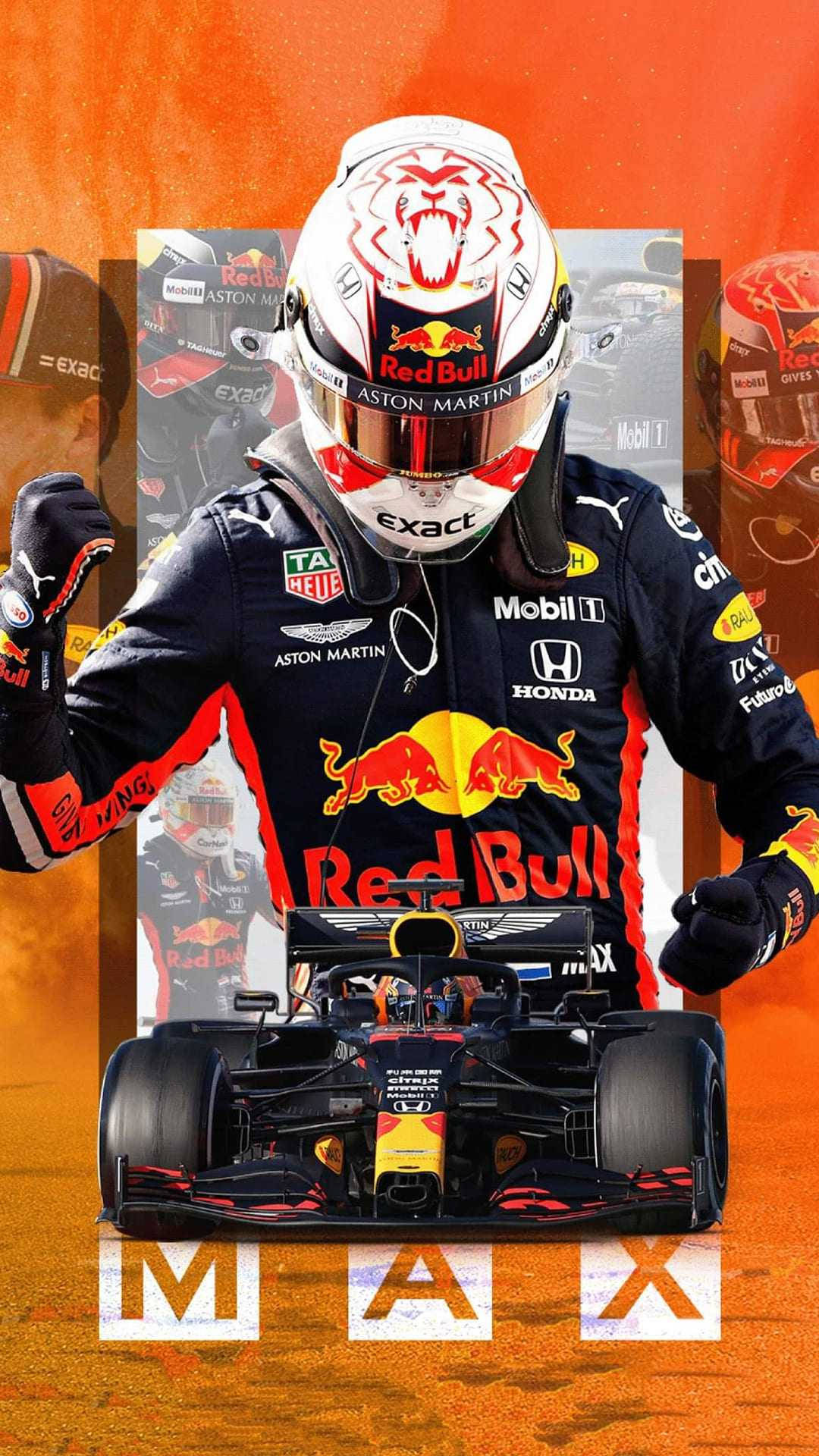 F1車手馬克斯·維斯塔潘身穿紅牛裝備與賽車慶祝勝利。 — 紅牛F1 壁紙