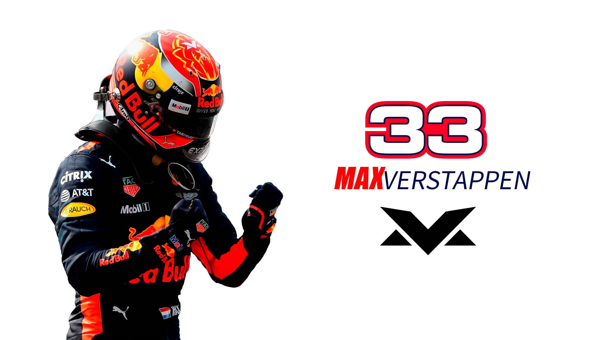 Racing 桌布 壁紙 — F1車手馬克斯維斯塔潘身穿紅牛賽車服和頭盔，在白色背景前舉起拳頭慶祝。