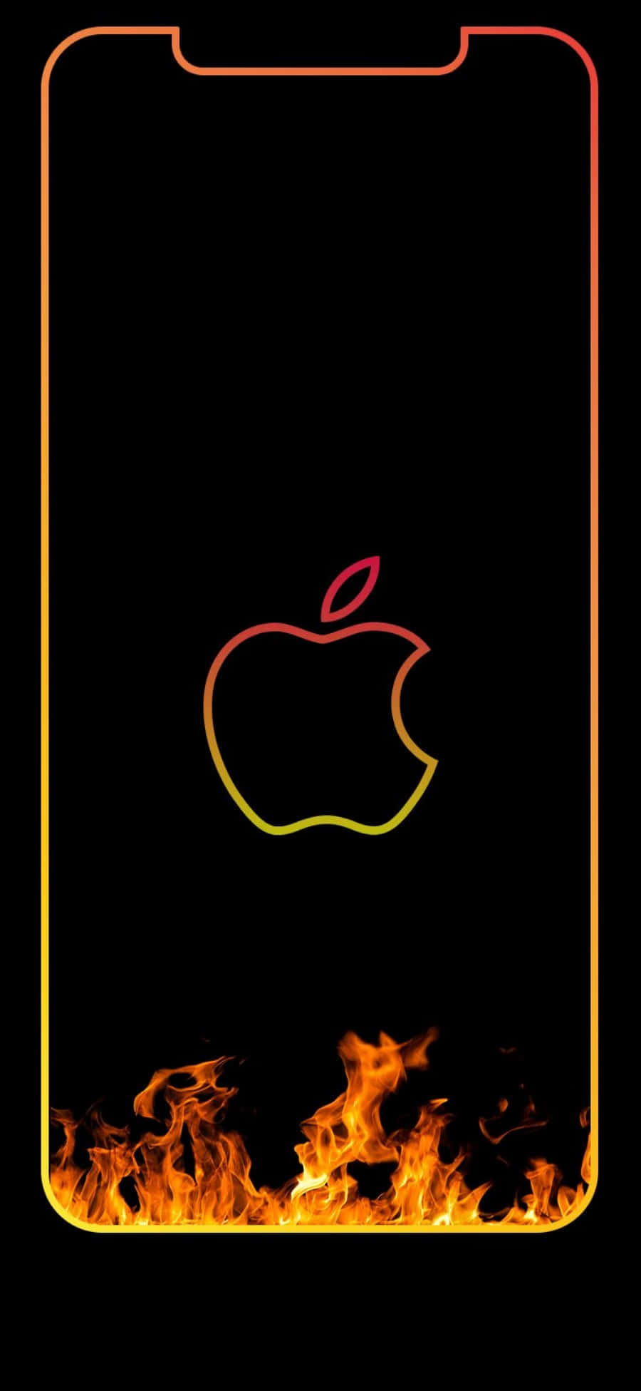 Outline 桌布 壁紙 — 智慧型手機螢幕顯示一個發光的Apple標誌，以火熱的橙色和黃色勾勒，背景為黑色，底部邊緣有火焰舔舐。