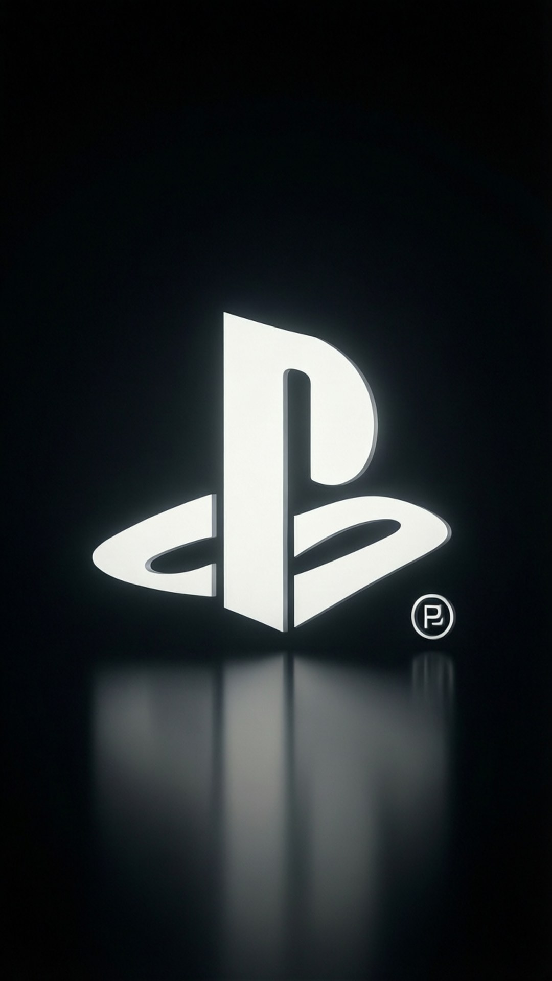 Logo Glow 壁紙 — 一個發光的白色PlayStation標誌位於反光黑色表面中央，帶有柔和環境光。
