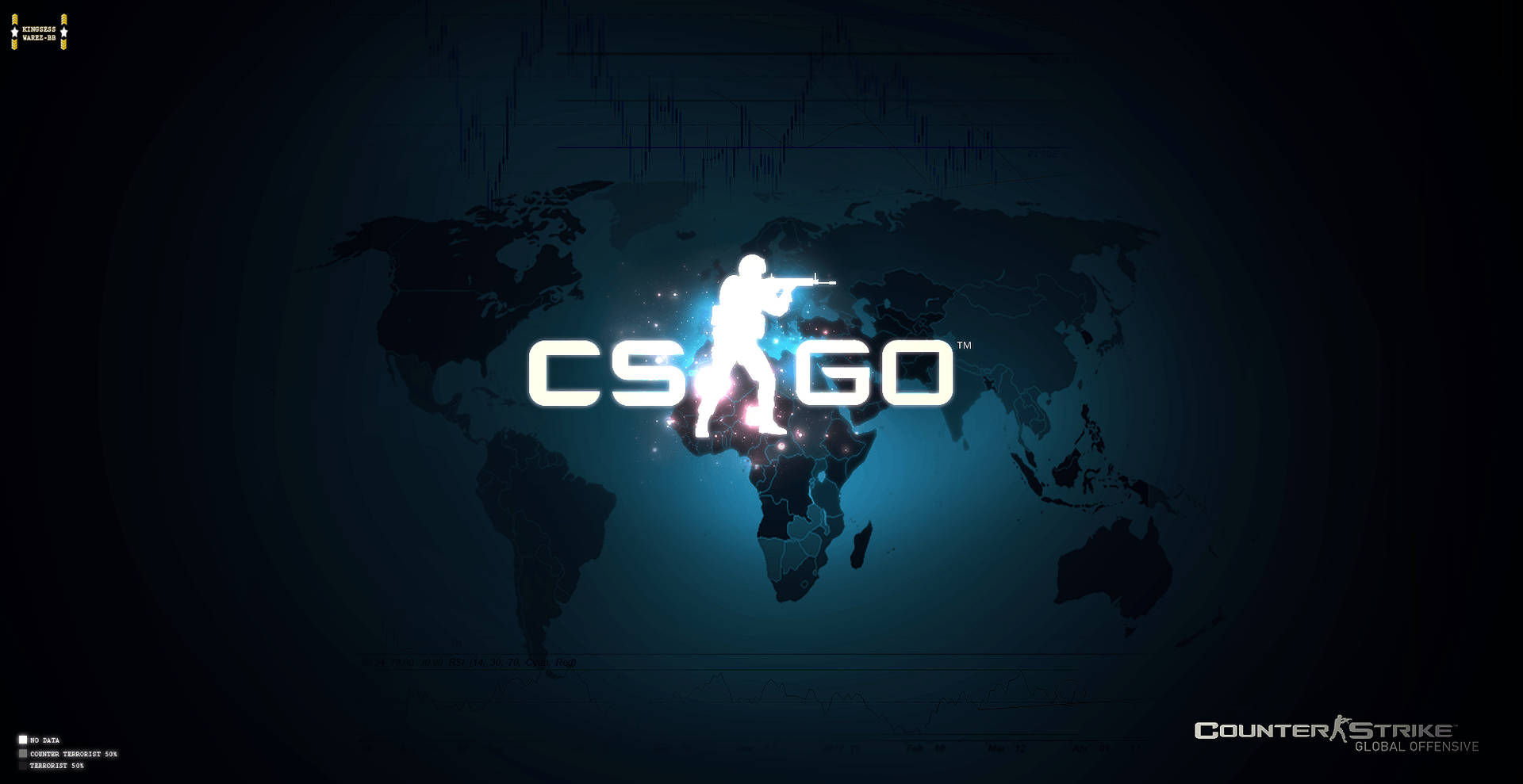 Counter Strike Global Offensive 標誌，帶有發光射手剪影在世界地圖上。 — 世界地圖 壁紙