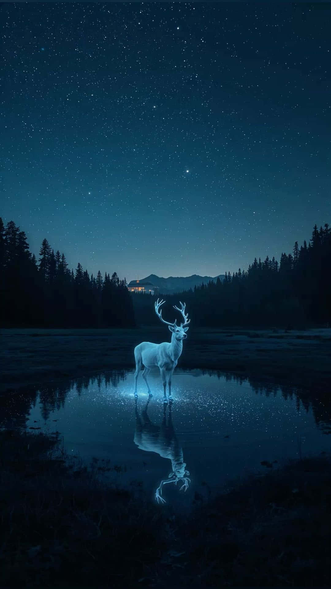  壁紙 — 一頭發光的白色雄鹿站在星光點點的池塘中，倒映著宇宙，背景是黑暗的森林天空。