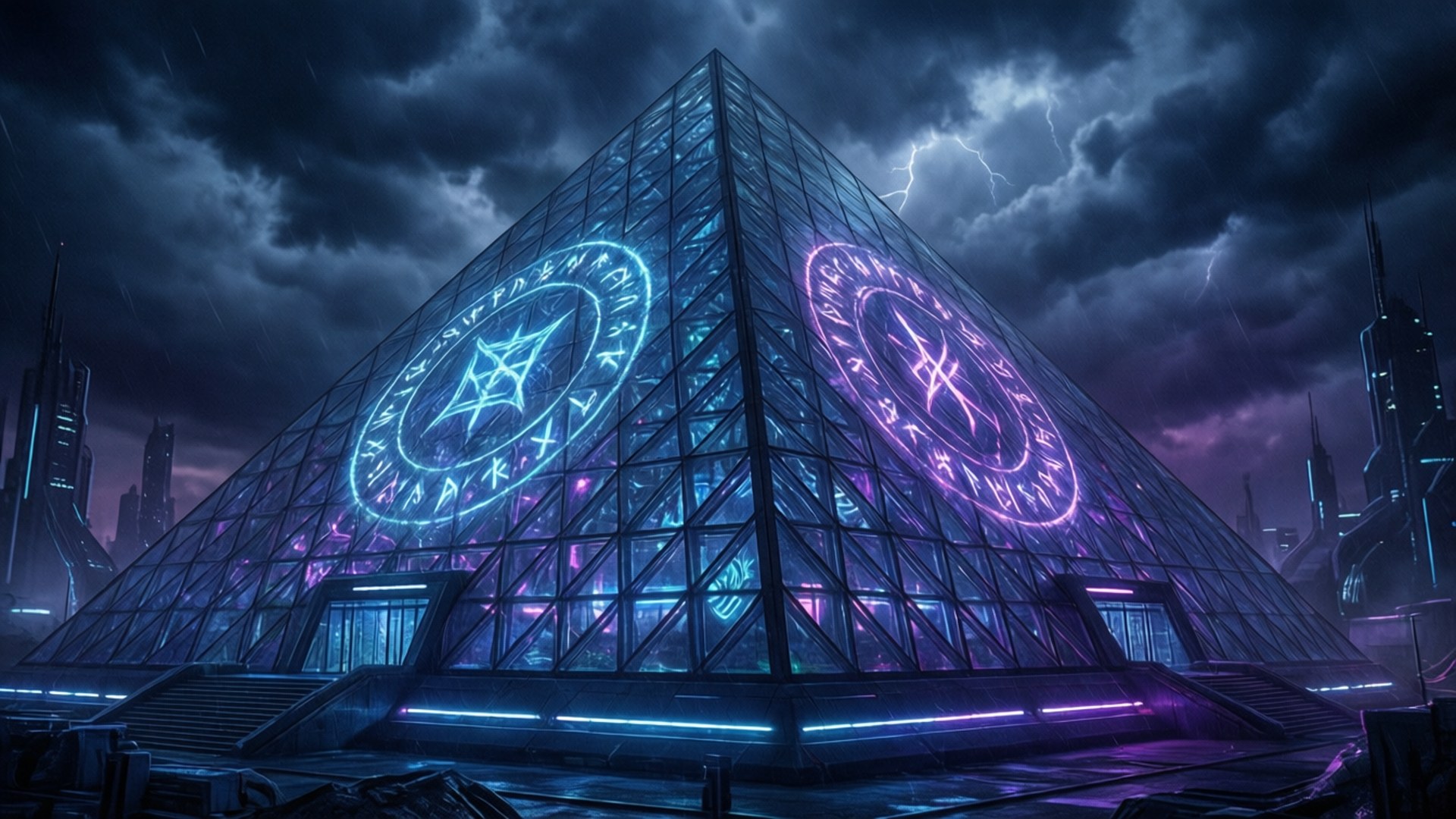 Global Occult Coalition 桌布 壁紙 — 發光的玻璃金字塔帶有霓虹神秘符號，在暴風雨天空下的未來城市景觀中脈動。