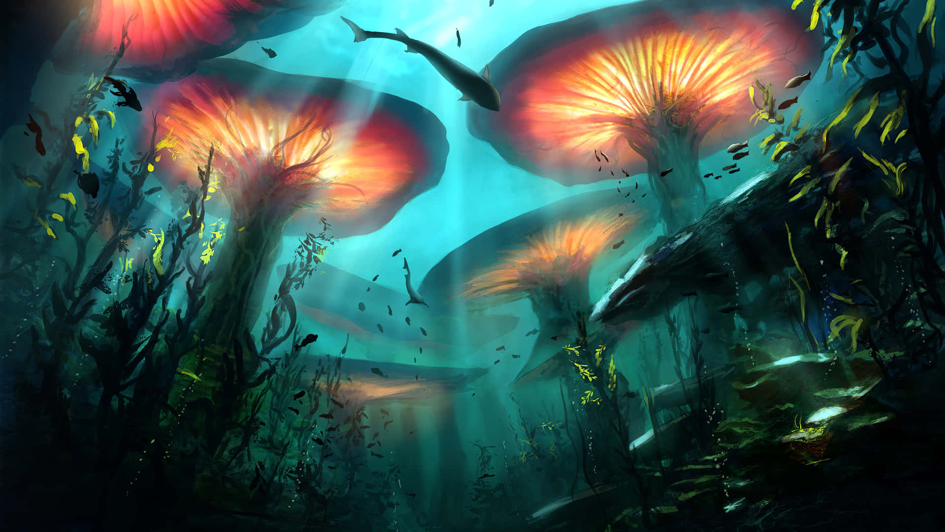 水下奇幻場景，發光蘑菇和鯊魚在海藻間游動。 — 4K 壁紙