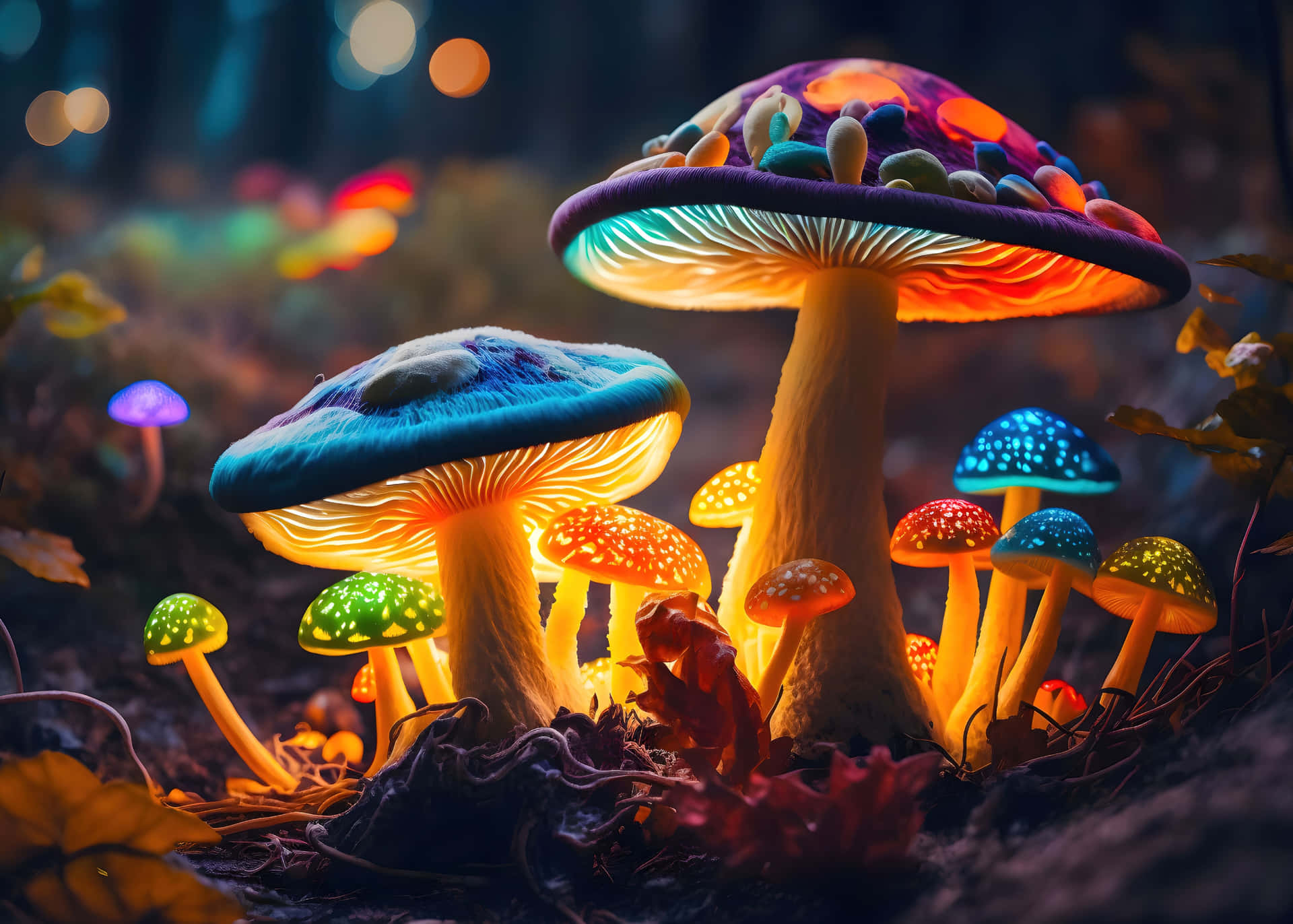  壁紙 — 發光的多色蘑菇帶有複雜圖案，在柔和的散景燈光下照亮黑暗的森林地面。