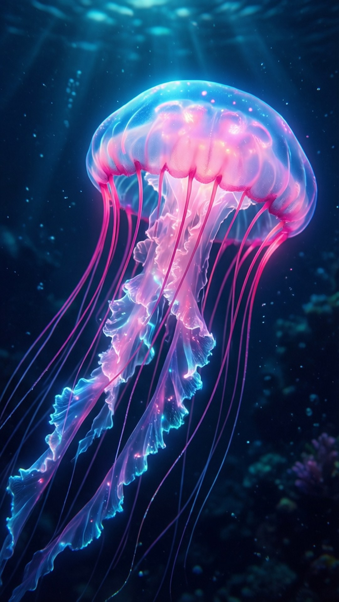 Bioluminescent Jellyfish 壁紙 — 發光的粉紅色和藍色水母在深海水中漂流，陽光從上方穿透。