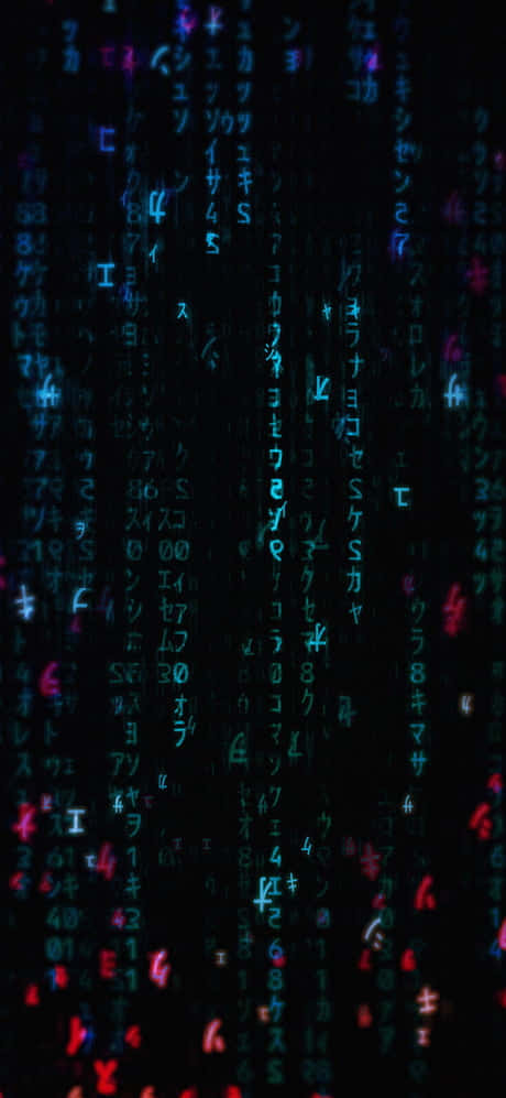 發光的藍色和紅色日文字元像數位雨一樣落在黑暗的螢幕上。 — Amoled 壁紙