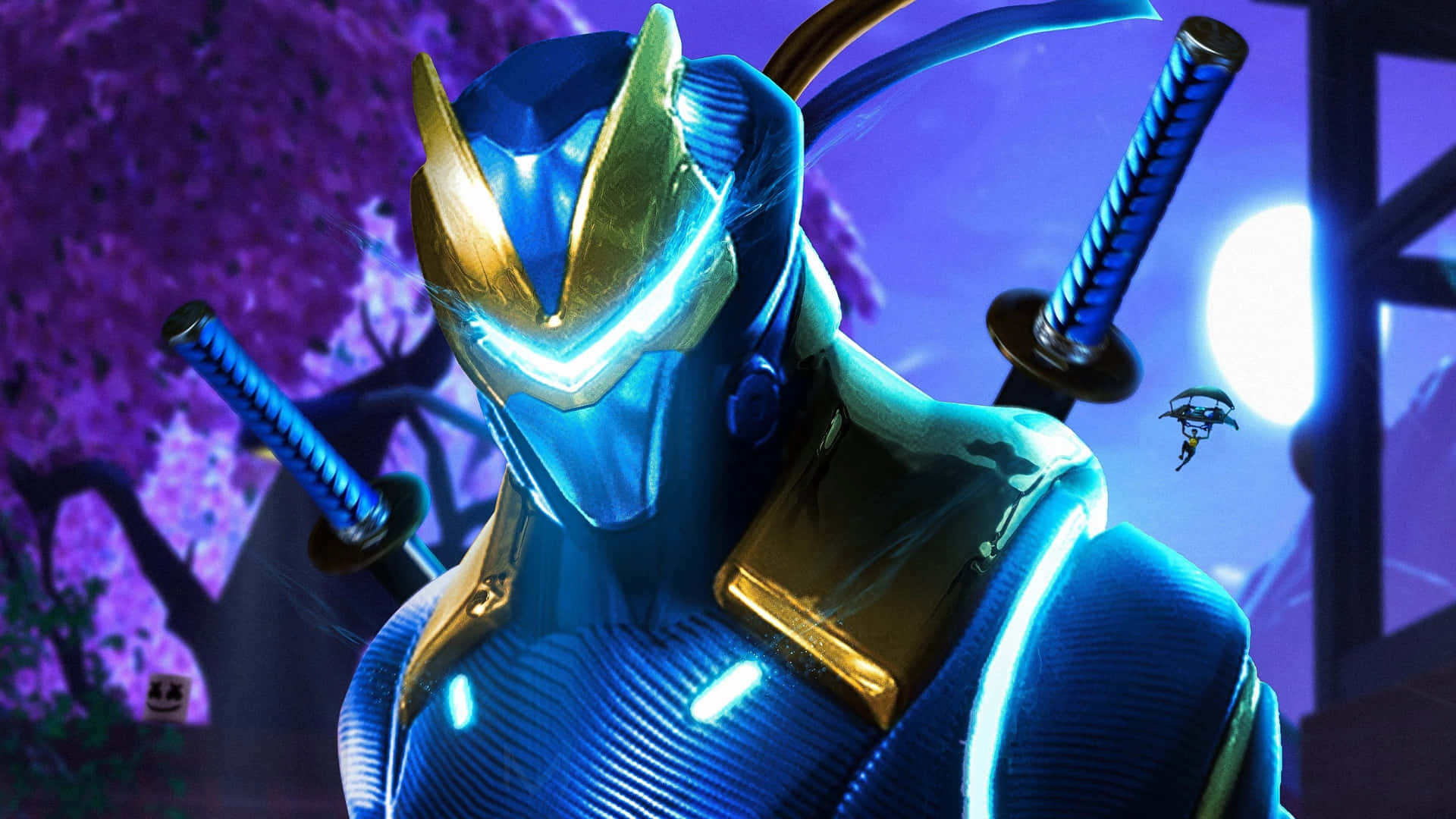 夜晚，藍色和金色裝甲忍者持劍站在紫色櫻花下。 — Fortnite 壁紙