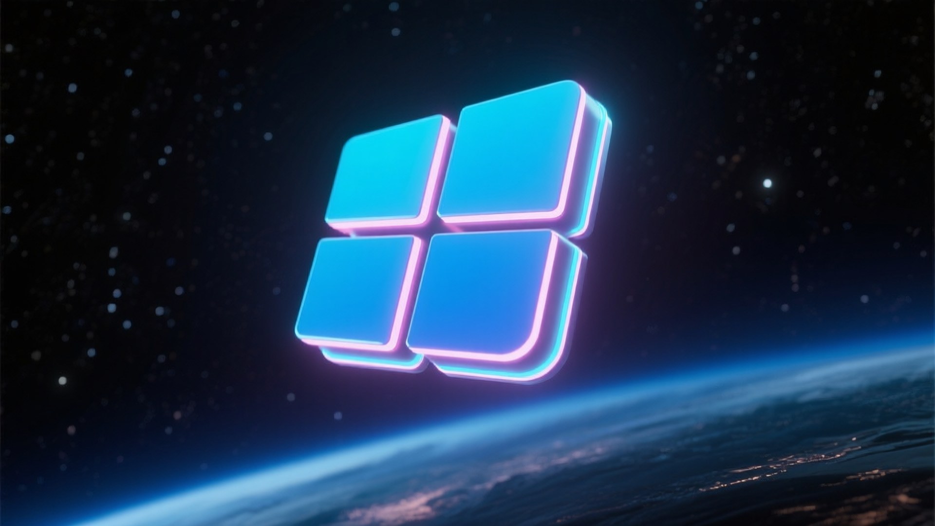 發光的Windows標誌漂浮在地球上空，太空中可見星星 — Windows 11 壁紙