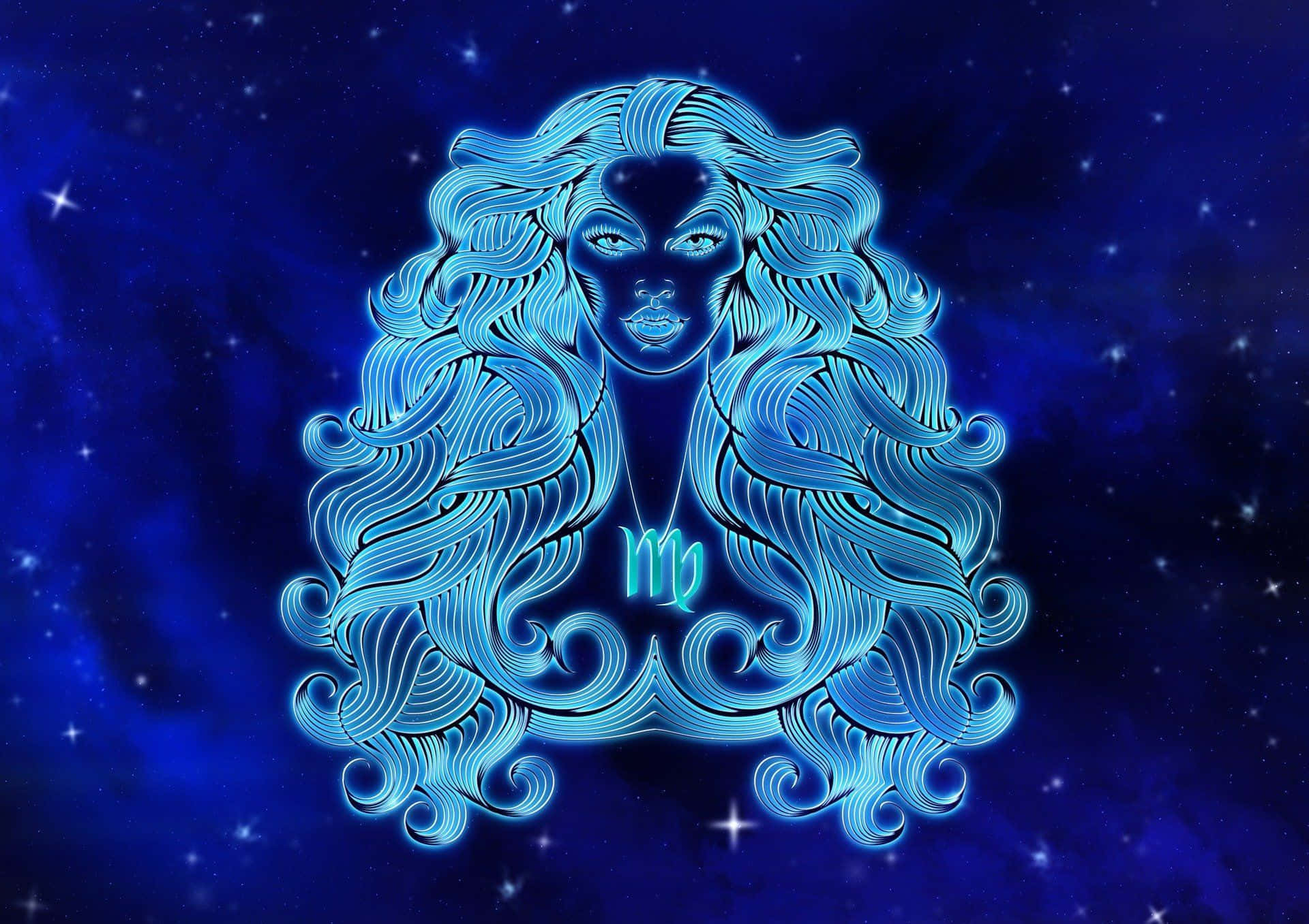 taurus 桌布 壁紙 — 一個發光的藍色線條藝術女性，擁有飄逸的頭髮和處女座符號，背景是星空宇宙。