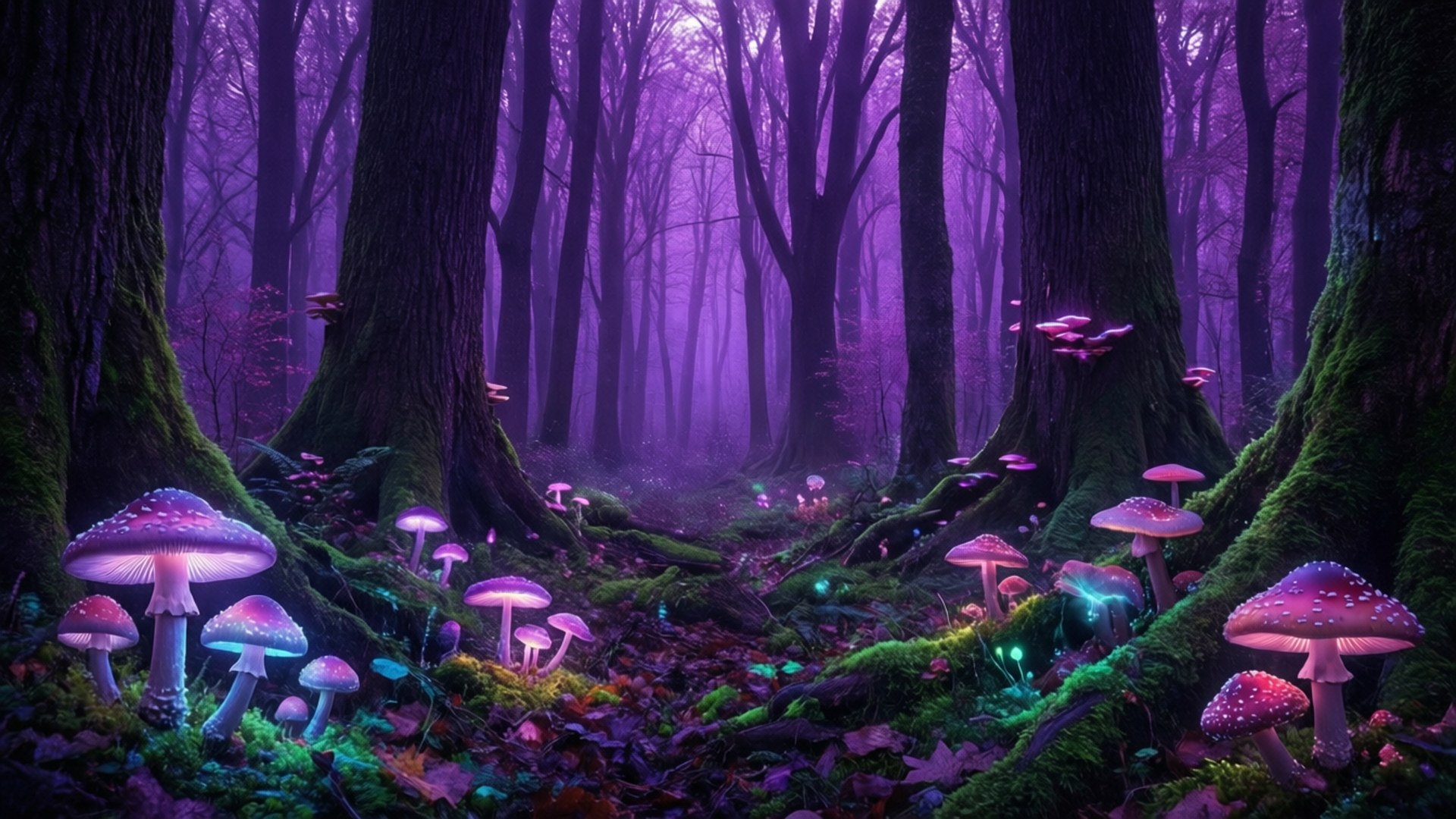Enchanted Violet Forest 壁紙 — 發光的蘑菇，紫色菌蓋和藍色菌柄，點綴在長滿苔蘚的森林地面上，上方是霧濛濛的紫色樹冠。
