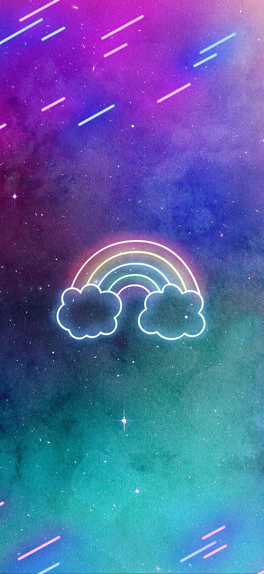  壁紙 — 一道發光的霓虹彩虹在兩朵雲之間拱起，背景是充滿活力的宇宙天空，帶有紫色、藍色和藍綠色的條紋。