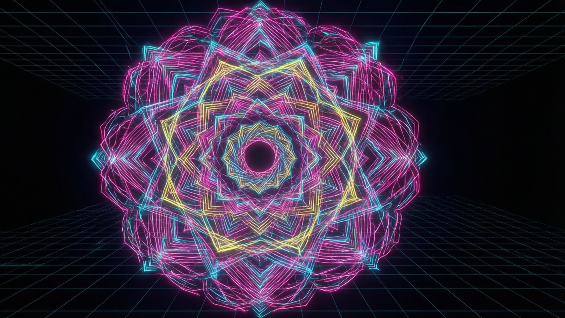Cyberpunk Neon Mandala 壁紙 — 一個發光的霓虹幾何曼陀羅，帶有粉紅色、黃色和青色線條，在深色網格背景上放射。