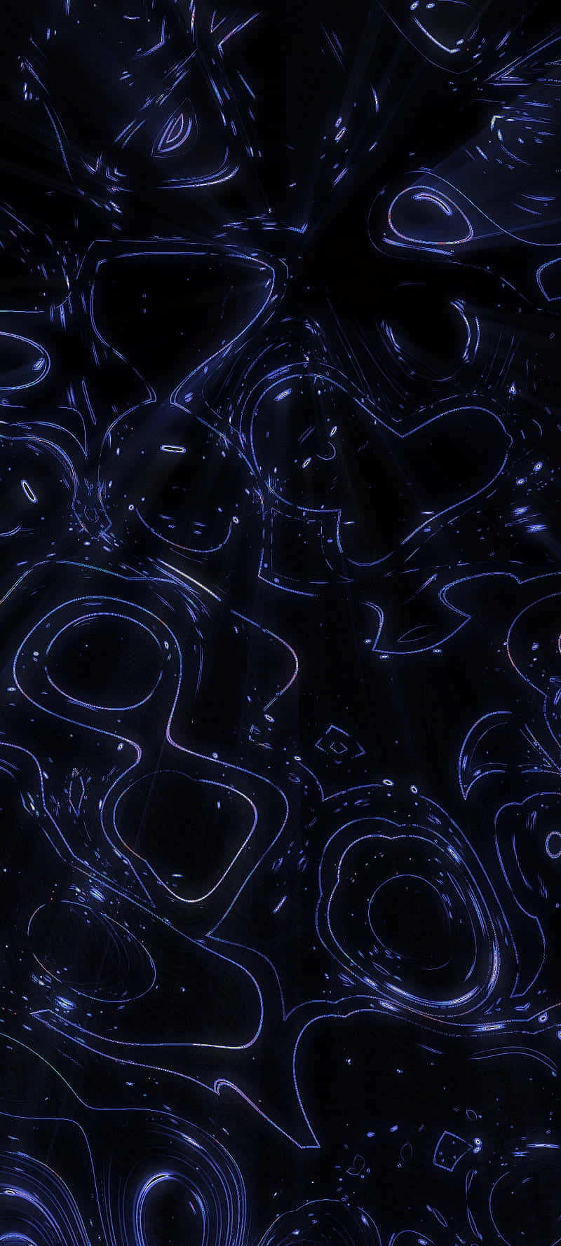  壁紙 — 發光的霓虹藍色抽象漩渦在深黑色背景上漂浮，如同太空中的液體光。