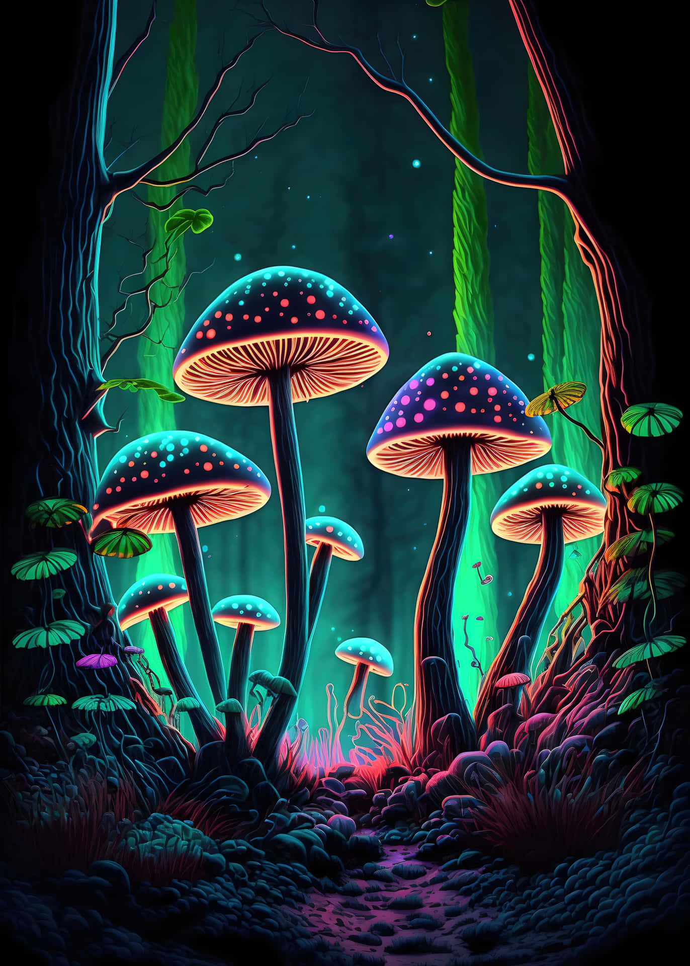  壁紙 — 發光的霓虹蘑菇帶有粉紅色斑點，在繁星點點的天幕下照亮黑暗神秘的森林地面。