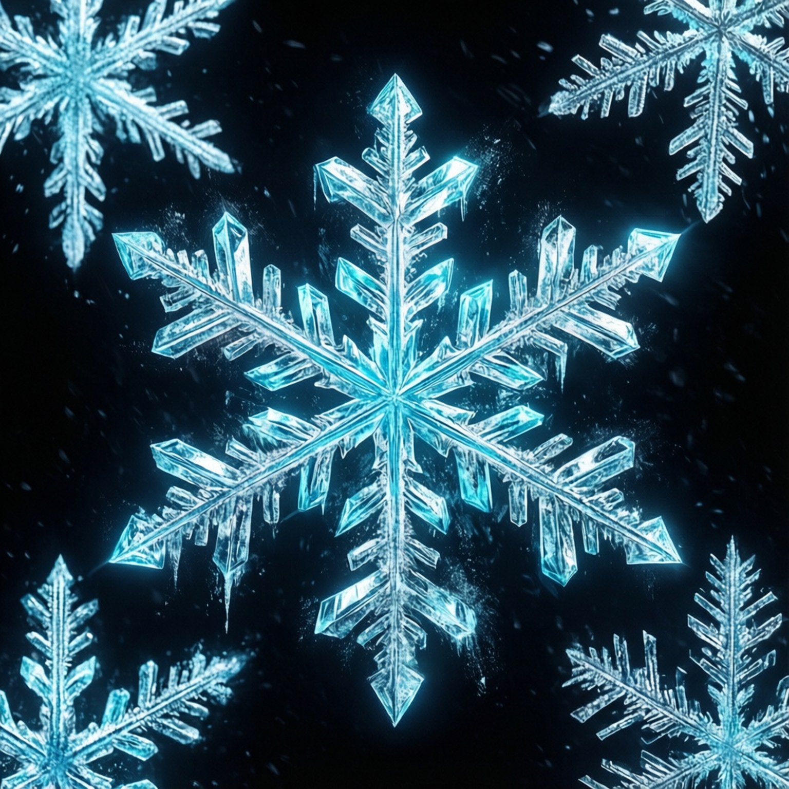 Black Neon 4K 桌布 壁紙 — 發光的青色雪花帶有複雜的晶體細節，漂浮在深黑色背景上。