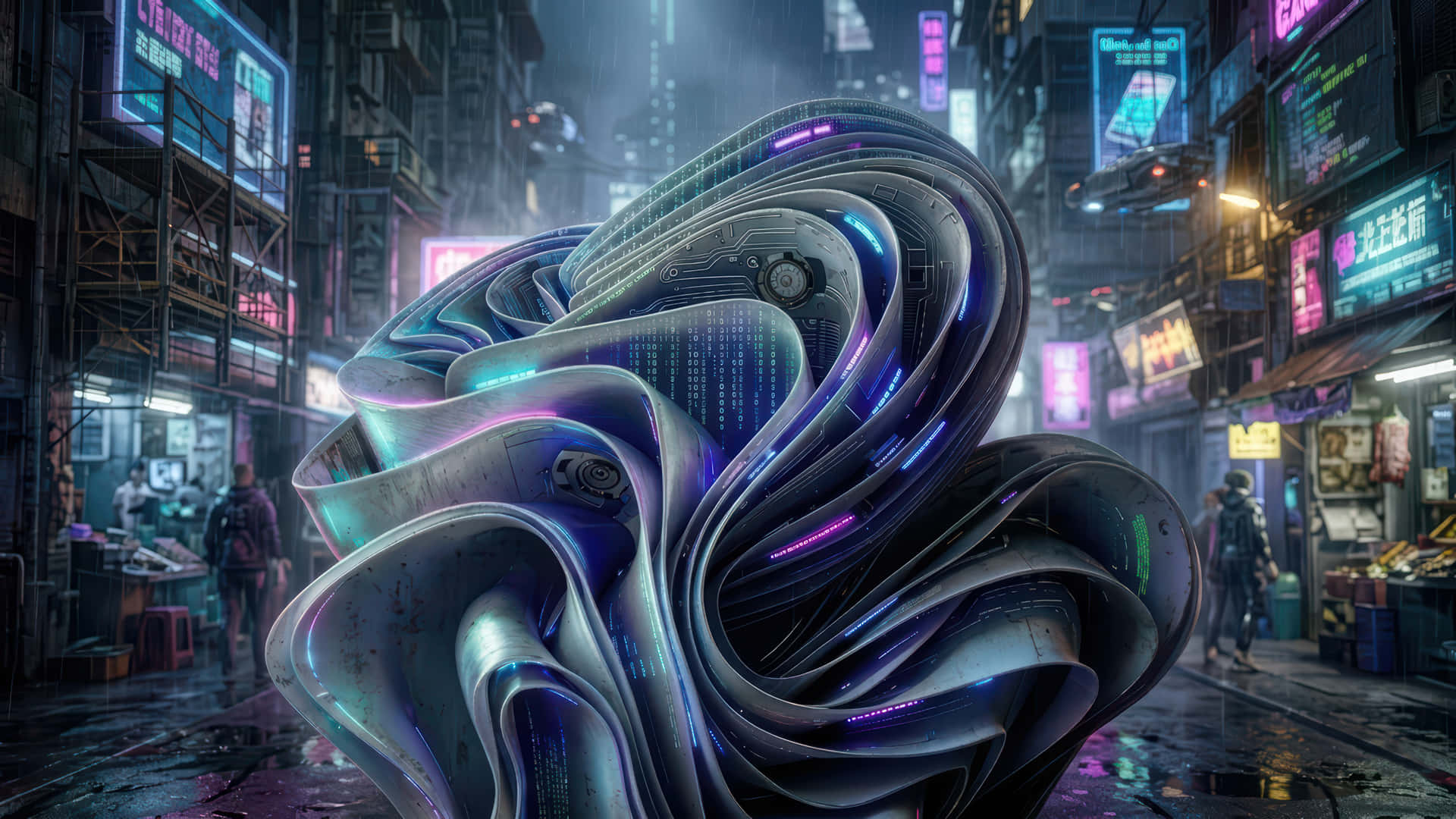未來主義金屬雕塑在雨天霓虹燈照亮的 cyberpunk 城市小巷中發光。 — Windows 11 壁紙