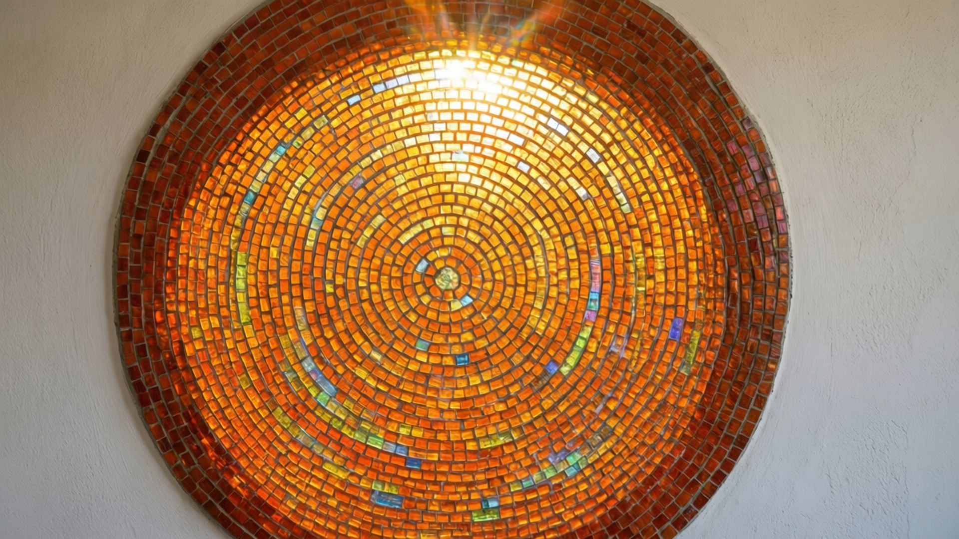 Mosaic Glass Circle 壁紙 — 一個發光的圓形馬賽克藝術品，帶有同心圓的橙色、黃色和藍色瓷磚，在白色牆壁上閃耀。
