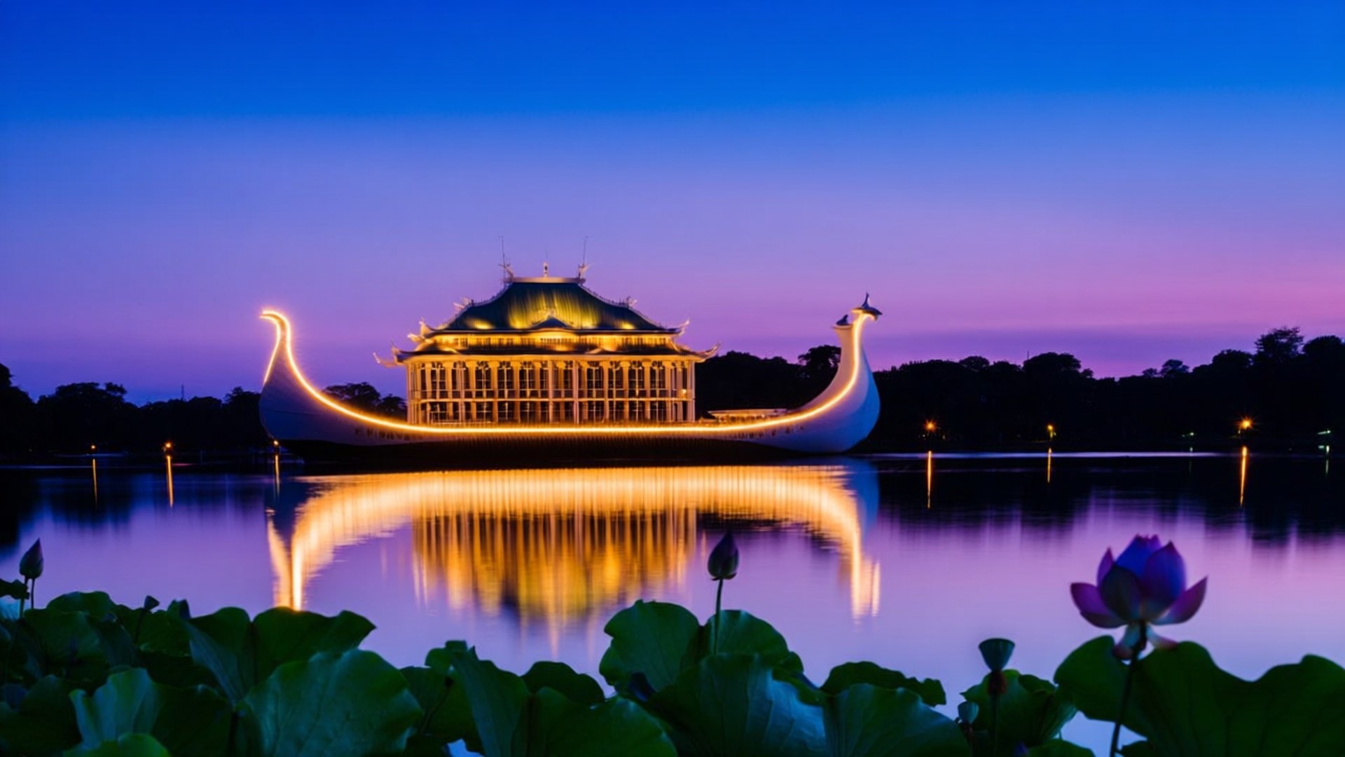 Karaweik Palace Twilight 壁紙 — 一艘發光的裝飾性船形建築在黃昏時靜靜地漂浮在水面上，紫色天空和前景中的蓮花。