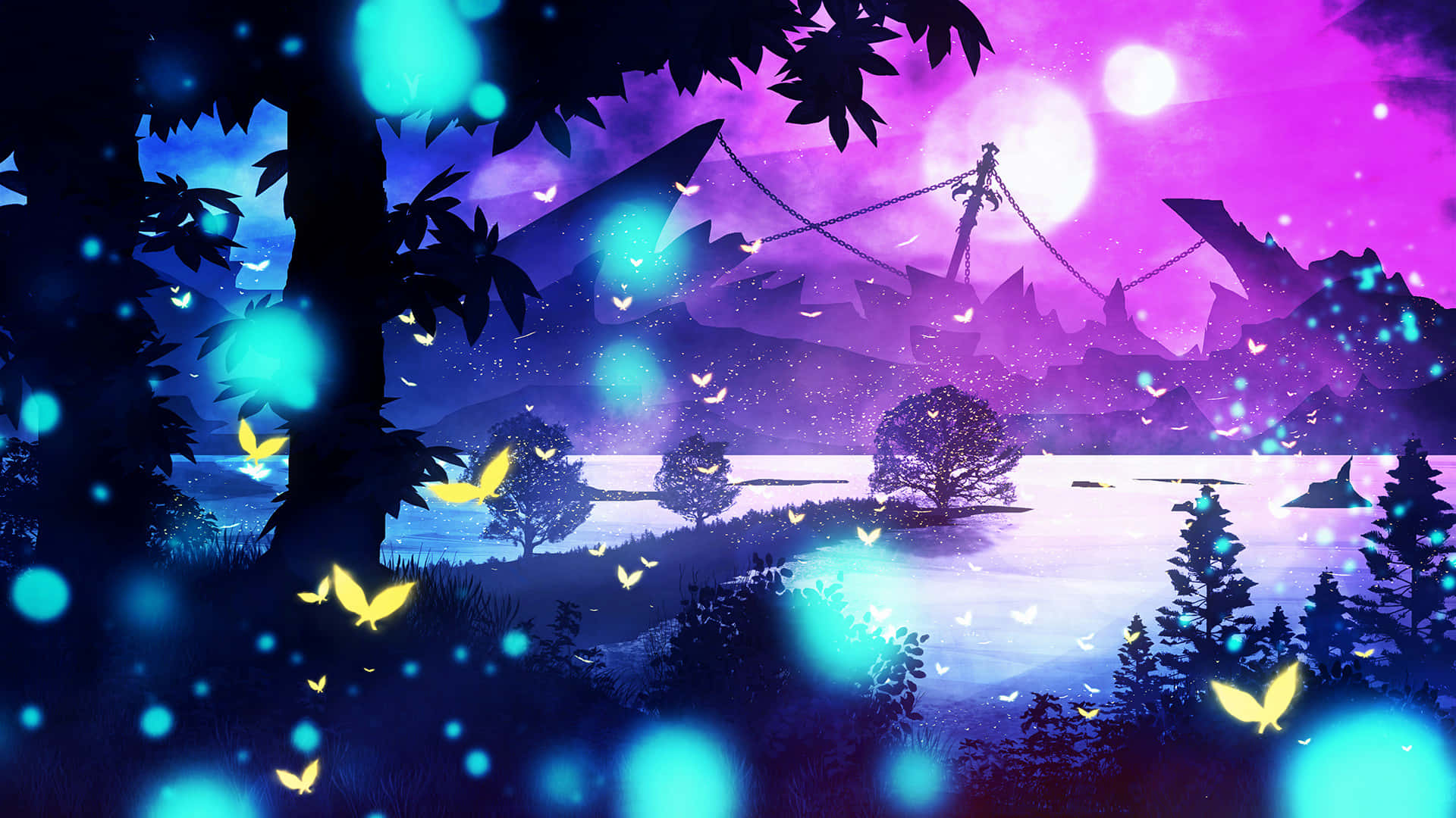  壁紙 — 發光的紫色和藍色夜景，漂浮的黃色蝴蝶和剪影樹框出神秘的湖泊和遠處的山脈。
