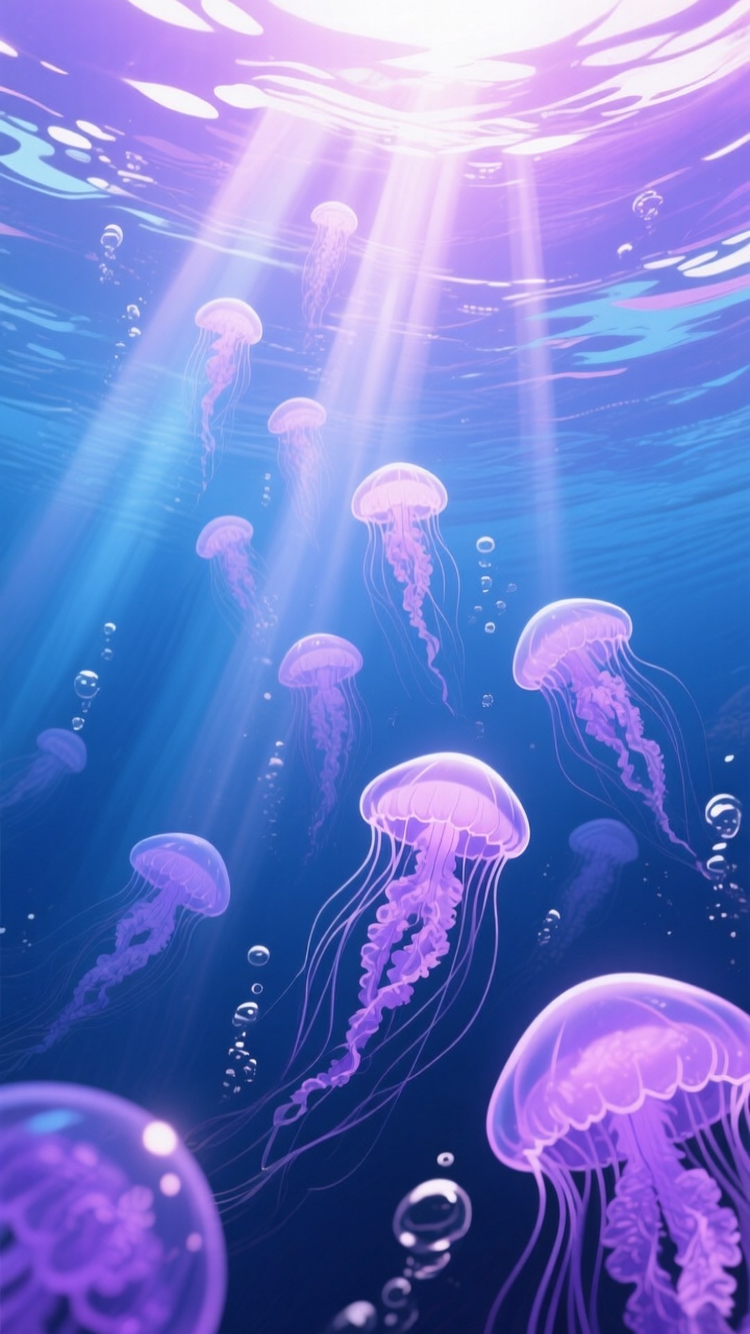 Purple Jellyfish Ascending 壁紙 — 發光的紫色水母在深藍色海洋中漂流，陽光穿透水面照射下來。