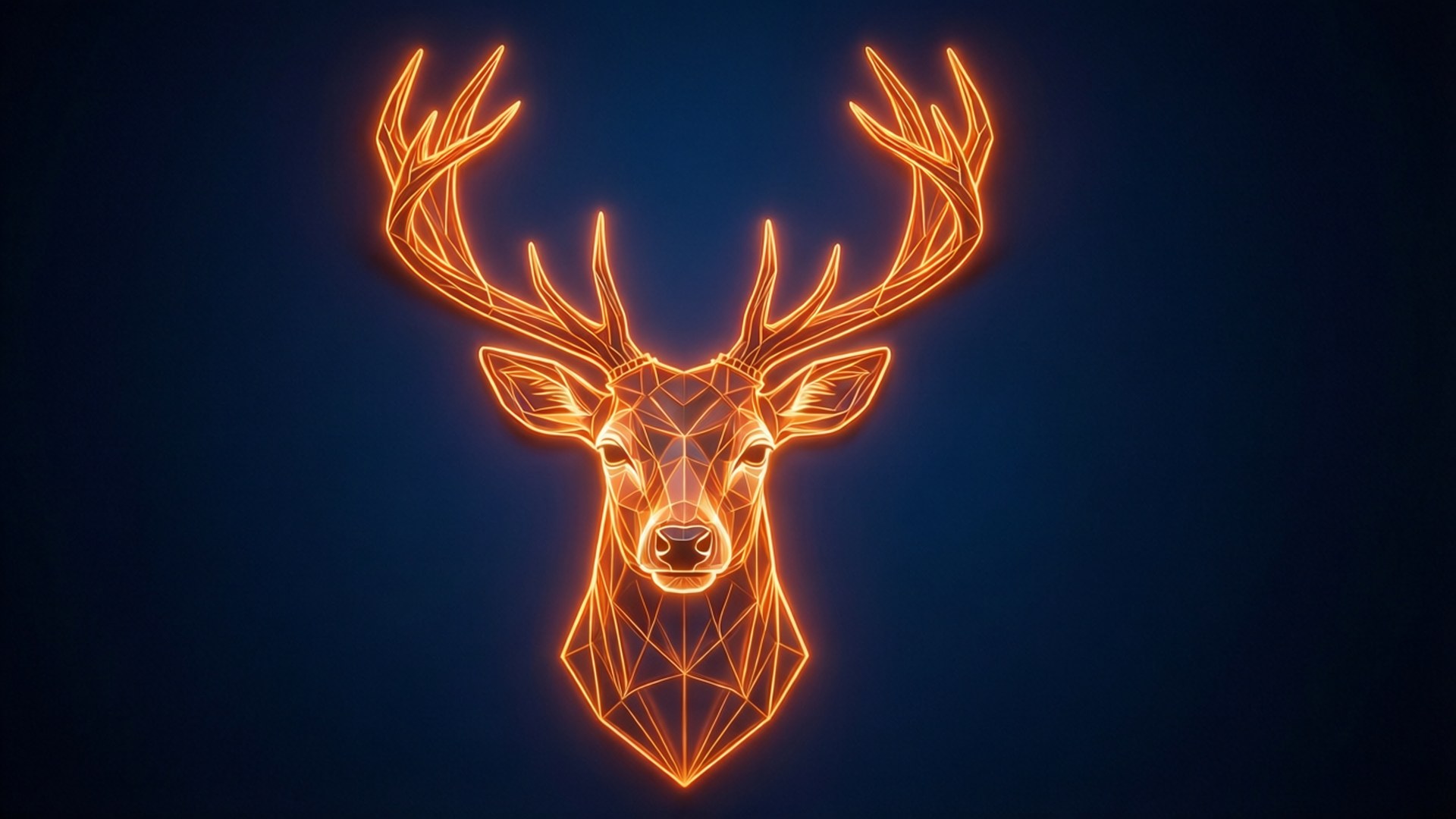 Neon Deer Geometry 壁紙 — 一個發光的橙色幾何鹿頭，鹿角以霓虹燈勾勒，背景為深藍色。