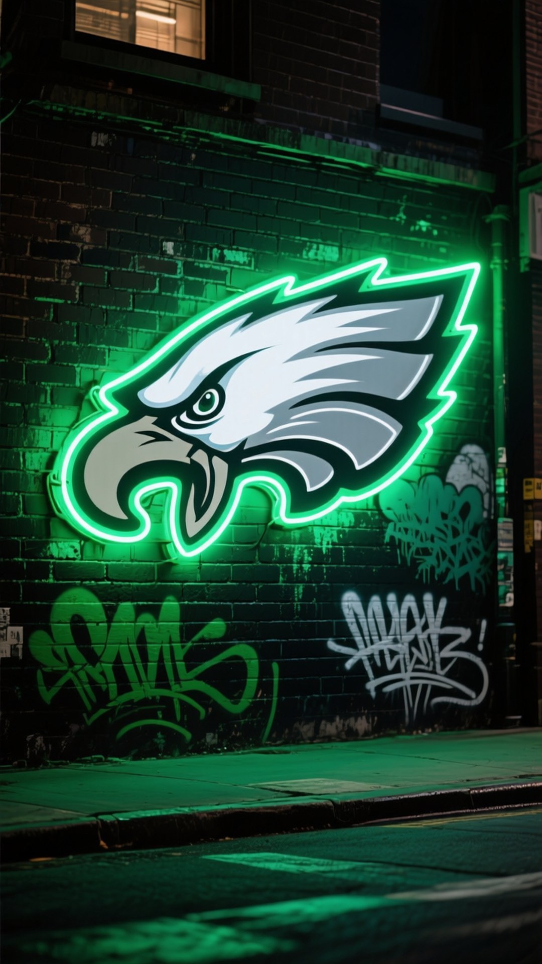 Neon Eagles Logo 壁紙 — 發光的綠色費城老鷹隊標誌在夜間照亮磚牆，將鮮豔的光線投射到周圍的塗鴉和路面上。