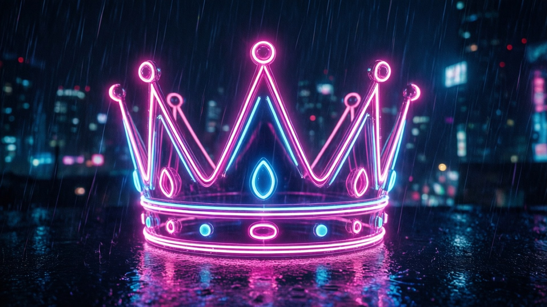 Neon Cyberpunk Crown 壁紙 — 一個發光的霓虹皇冠，帶有粉紅色和藍色色調，放在潮濕的表面上，在雨中，背景是模糊的城市景觀。