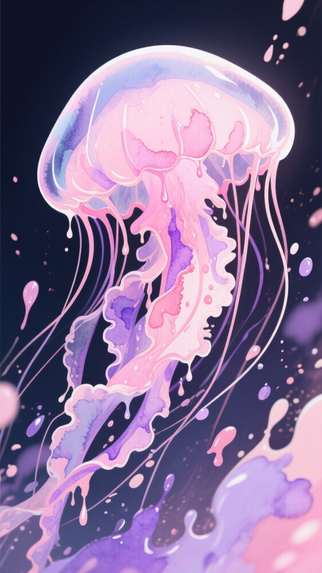 Watercolor Jellyfish Dream 壁紙 — 發光的粉紅色和紫色水母在黑暗的宇宙海洋中漂流，周圍有油漆般的液滴旋轉。