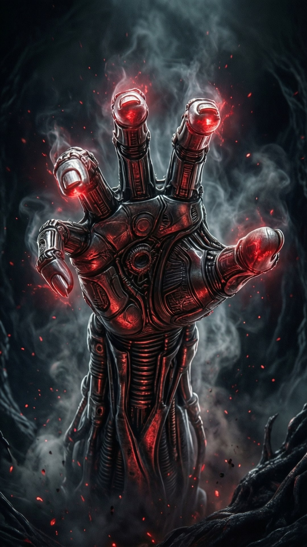 Ultron 桌布 壁紙 — 一隻帶有發光紅色指尖的威脅性生物機械手從黑暗煙霧和餘燼中浮現，背景陰暗。