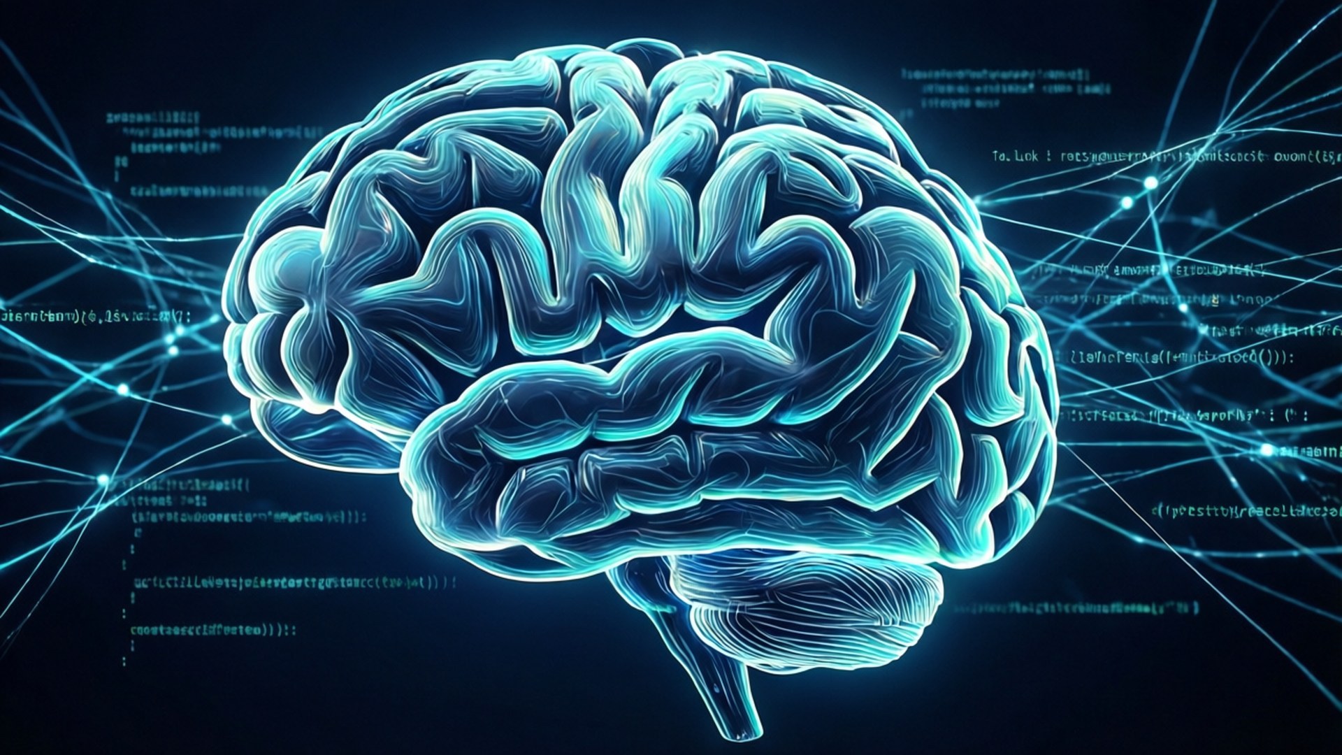 Code Brain 壁紙 — 發光藍色大腦，周圍漂浮著數位代碼和神經連接，背景為深色。