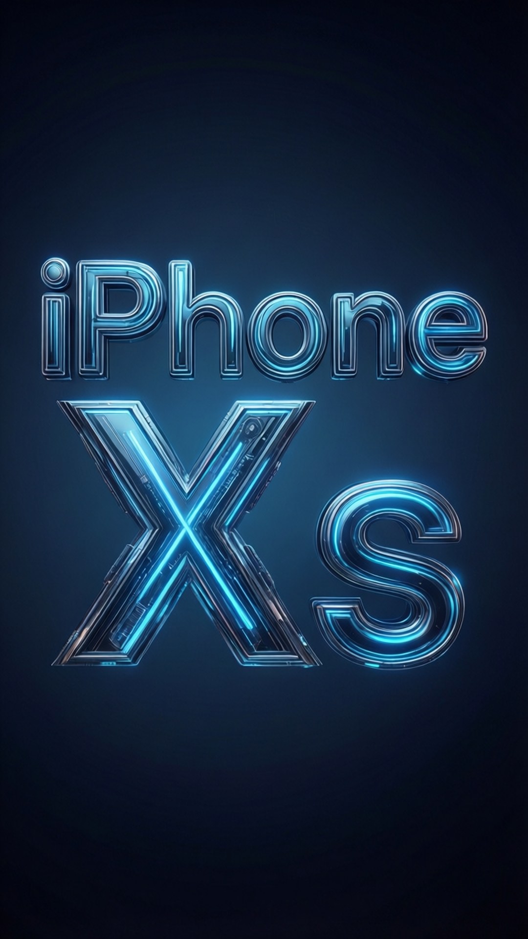 iPhone Xs Typography 壁紙 — 發光藍色霓虹燈文字拼出 iPhone XS，背景為深色漸變。