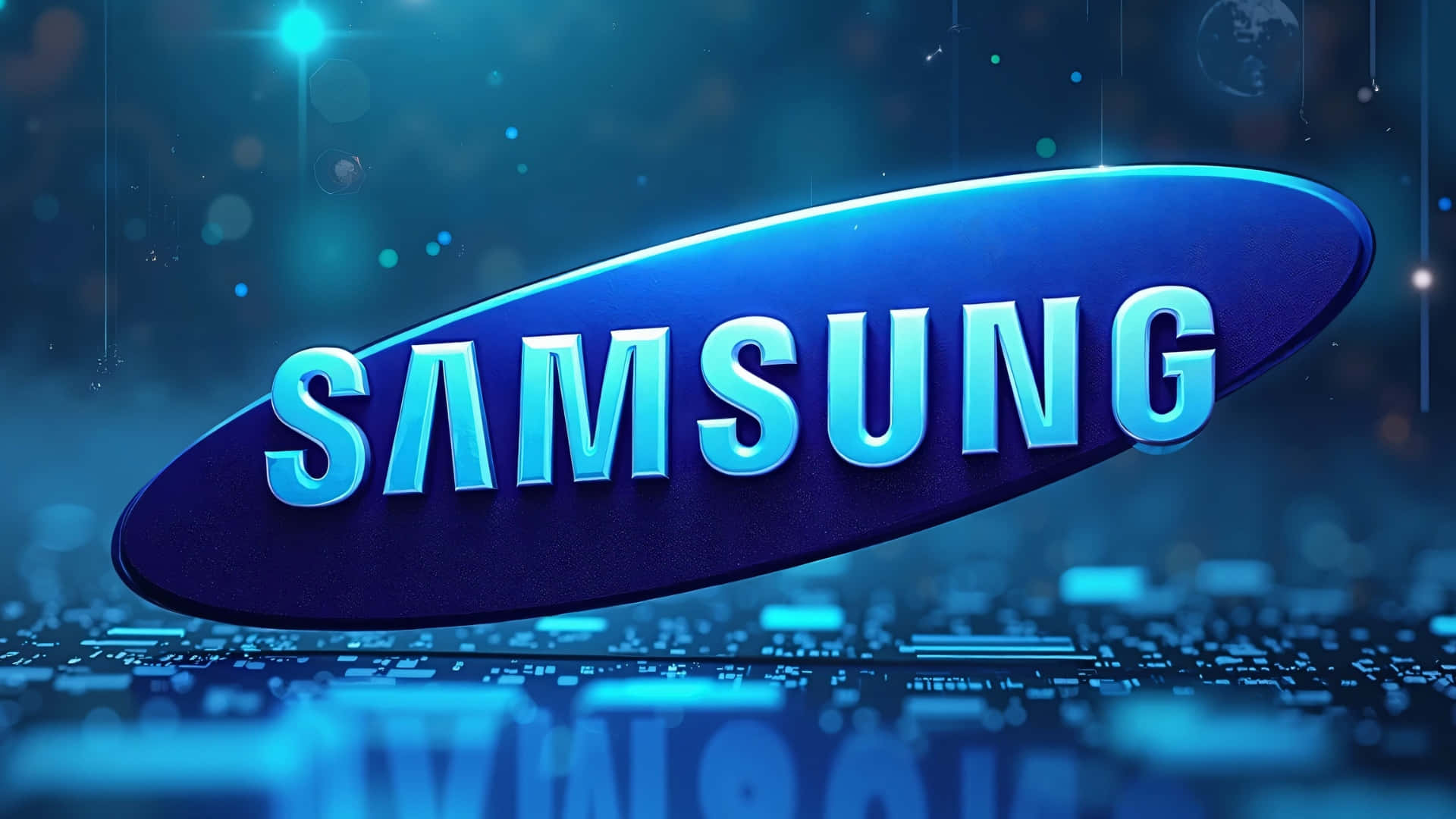  壁紙 — 發光藍色Samsung標誌漂浮在帶有散景燈光的電路板上，處於數位科技環境中。